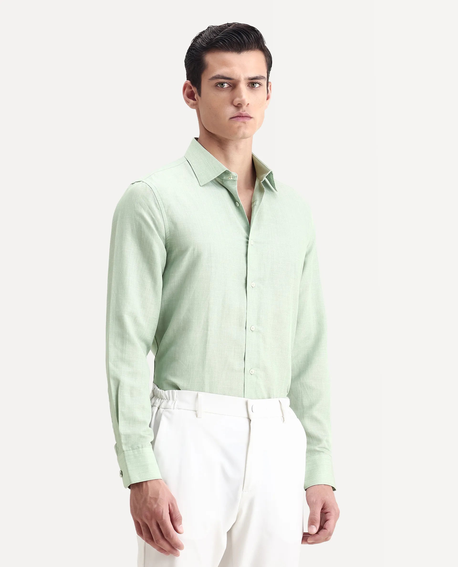 Rare Rabbit Men's Commas Light Green Linen Blend Plain Regular Fit Full Sleeve Collared Shirt