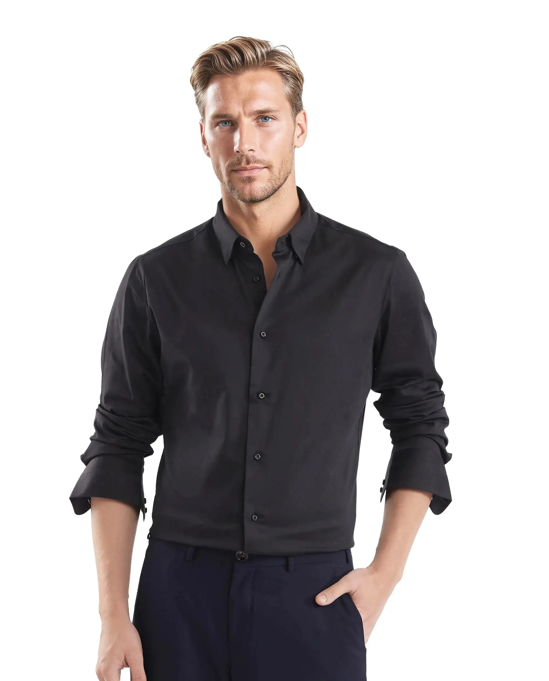 Rare Rabbit Men's Como-25 Black Cotton Blend Plain Regular Fit Full Sleeve Collared Shirt