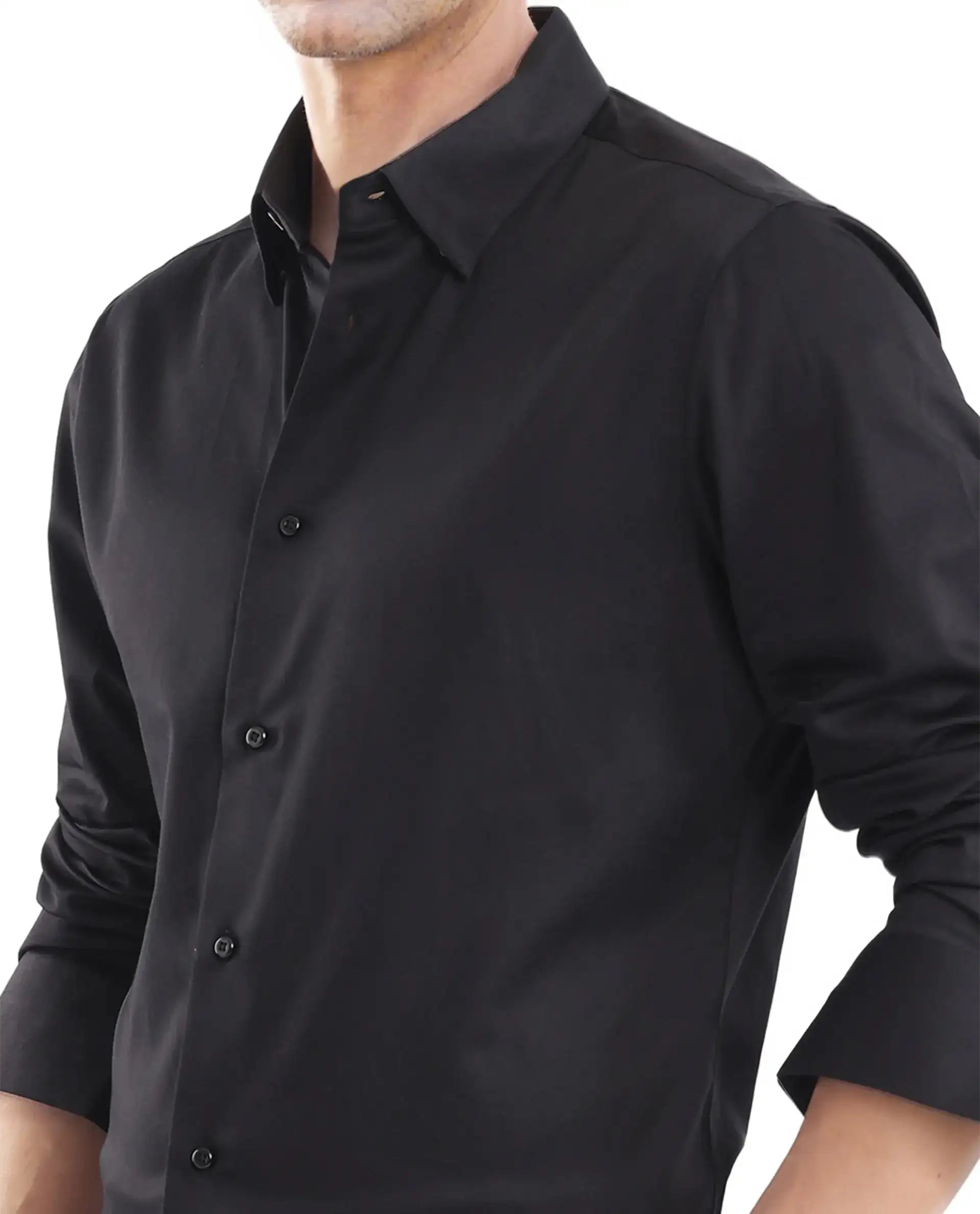Rare Rabbit Men's Como-25 Black Cotton Blend Plain Regular Fit Full Sleeve Collared Shirt