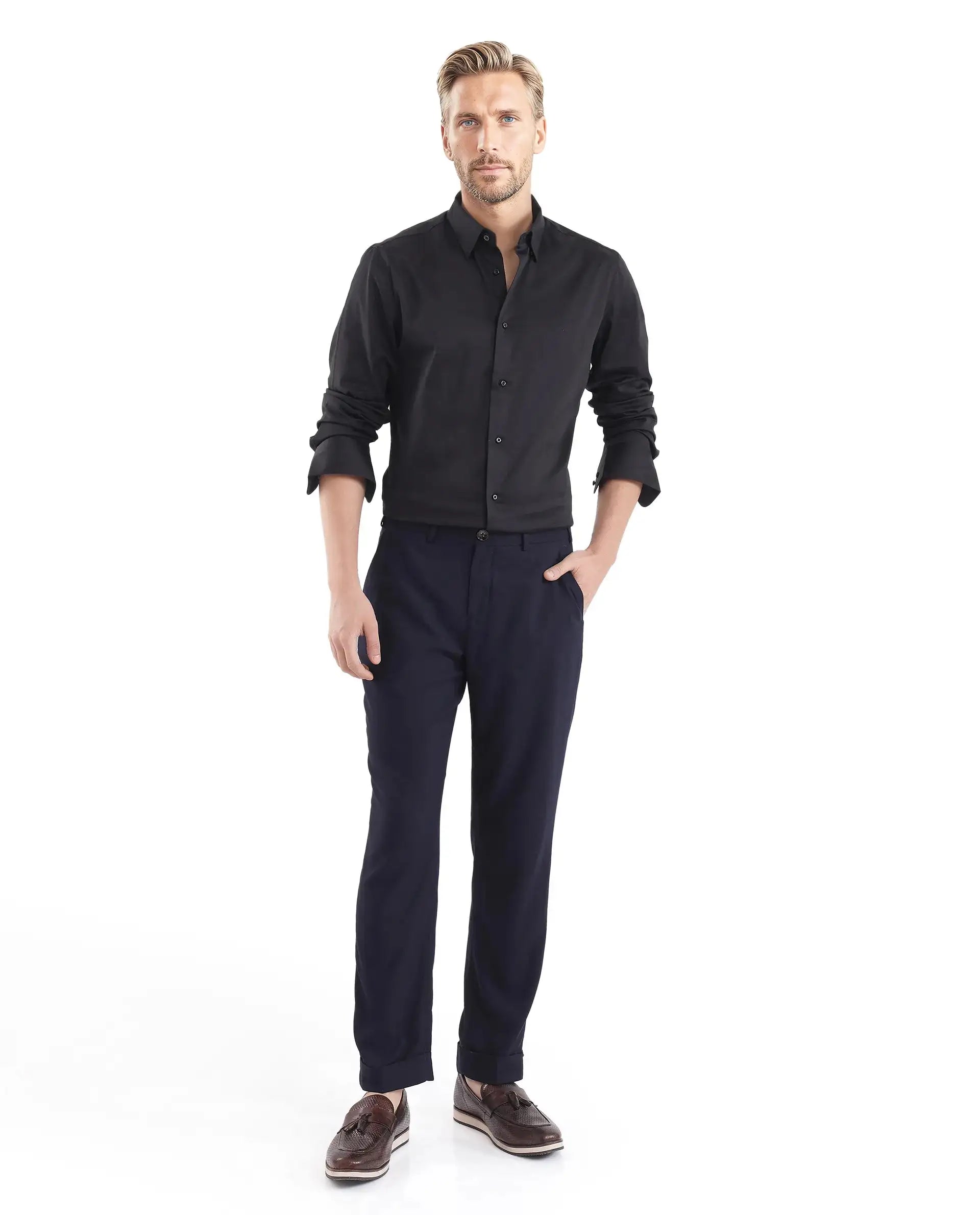 Rare Rabbit Men's Como-25 Black Cotton Blend Plain Regular Fit Full Sleeve Collared Shirt