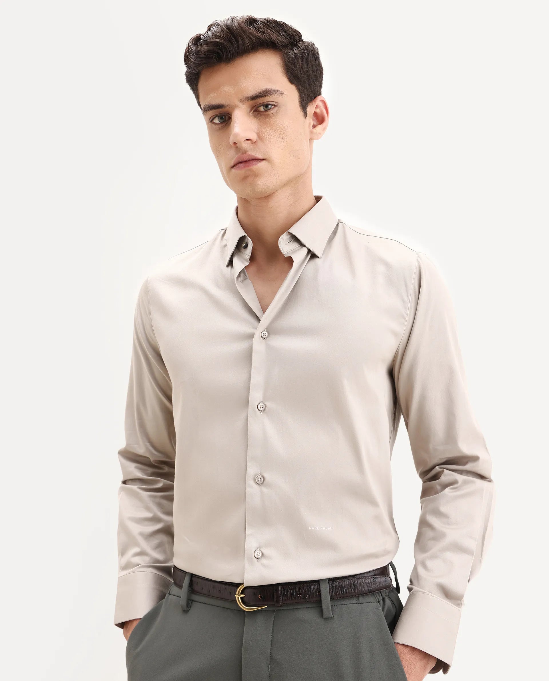Rare Rabbit Men's Como-25 Light Beige Cotton Blend Plain Regular Fit Full Sleeve Collared Shirt