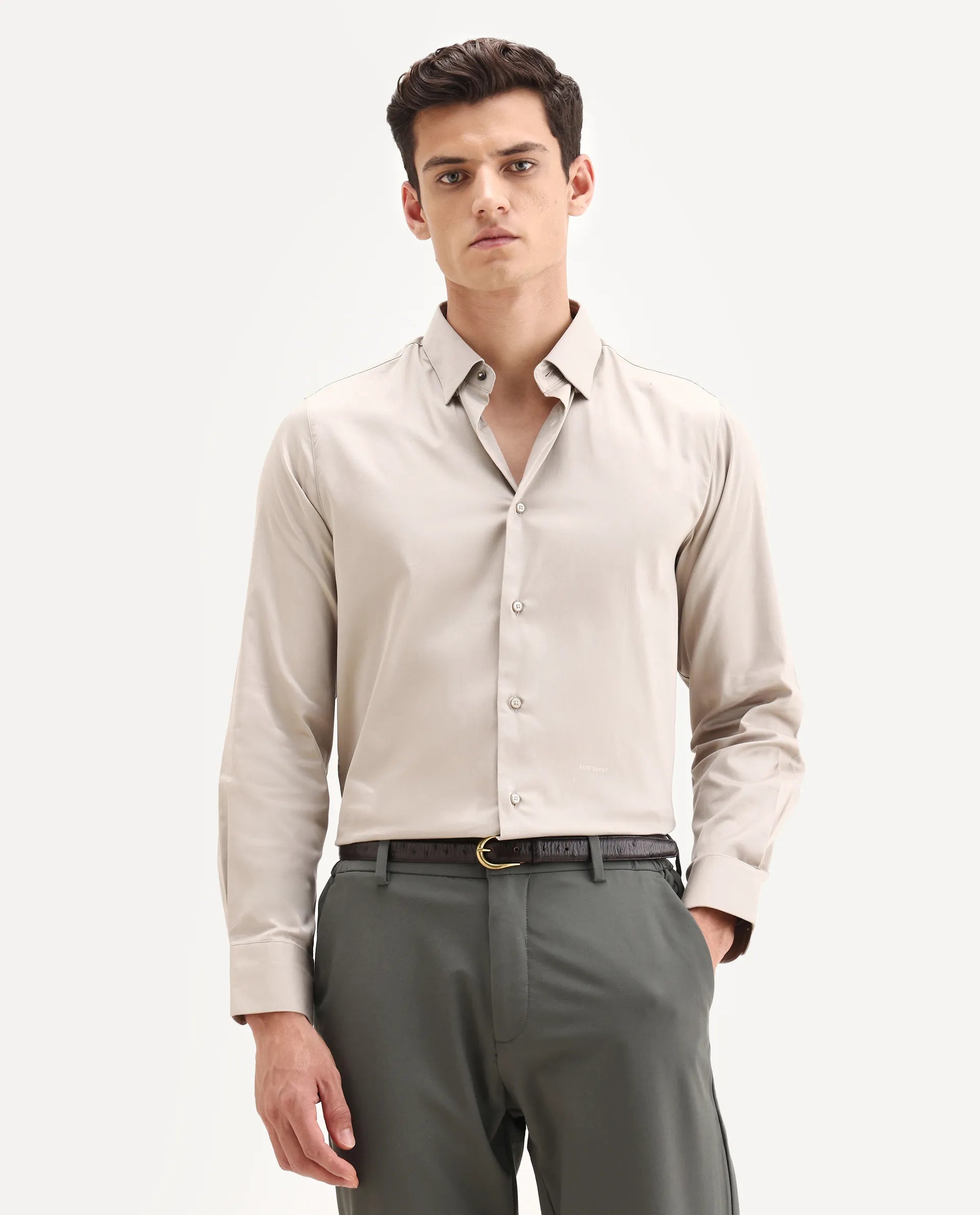 Rare Rabbit Men's Como-25 Light Beige Cotton Blend Plain Regular Fit Full Sleeve Collared Shirt
