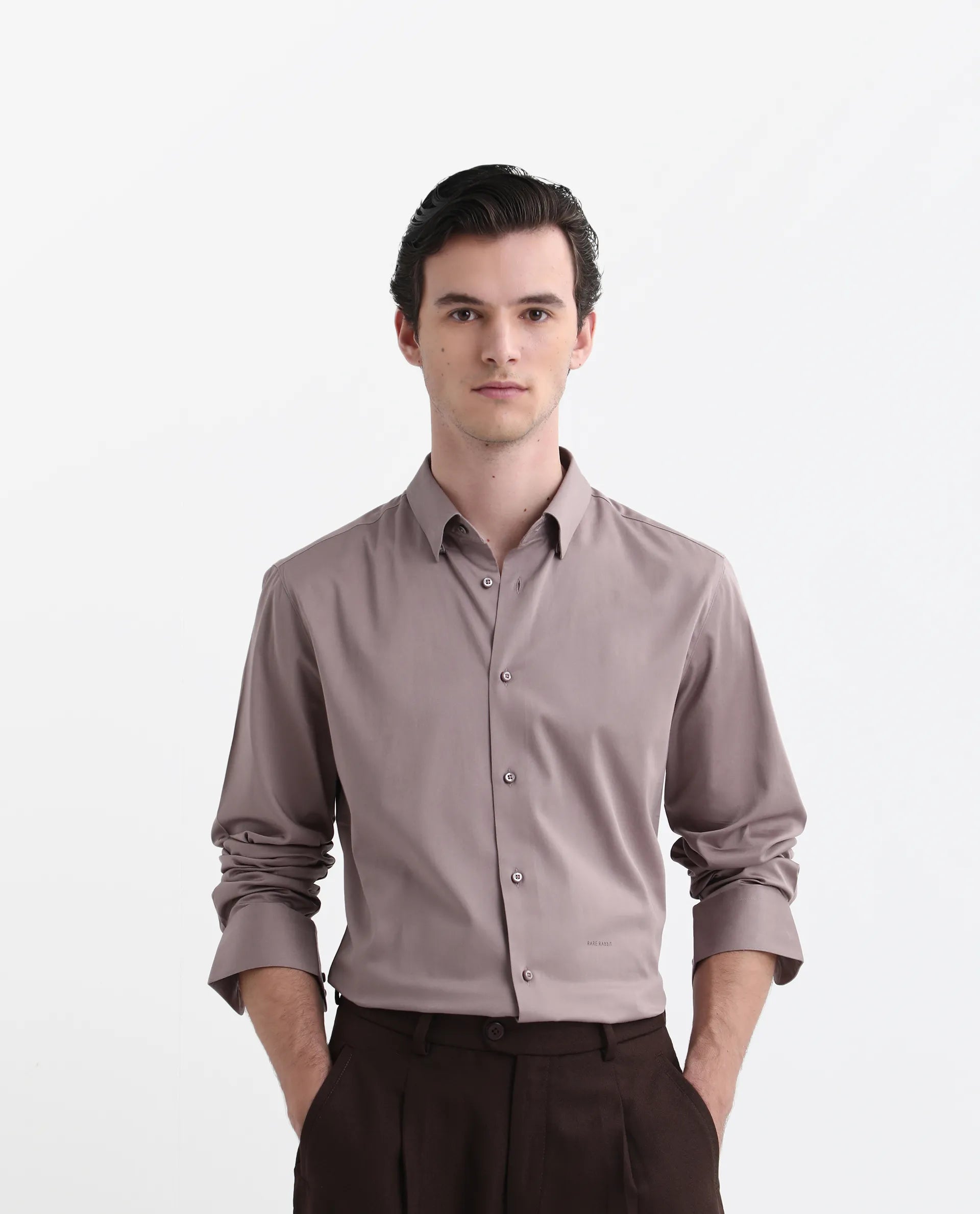 Rare Rabbit Men's Como-26 Dusky Pink Satin Plain Regular Fit Full Sleeve Collared Shirt