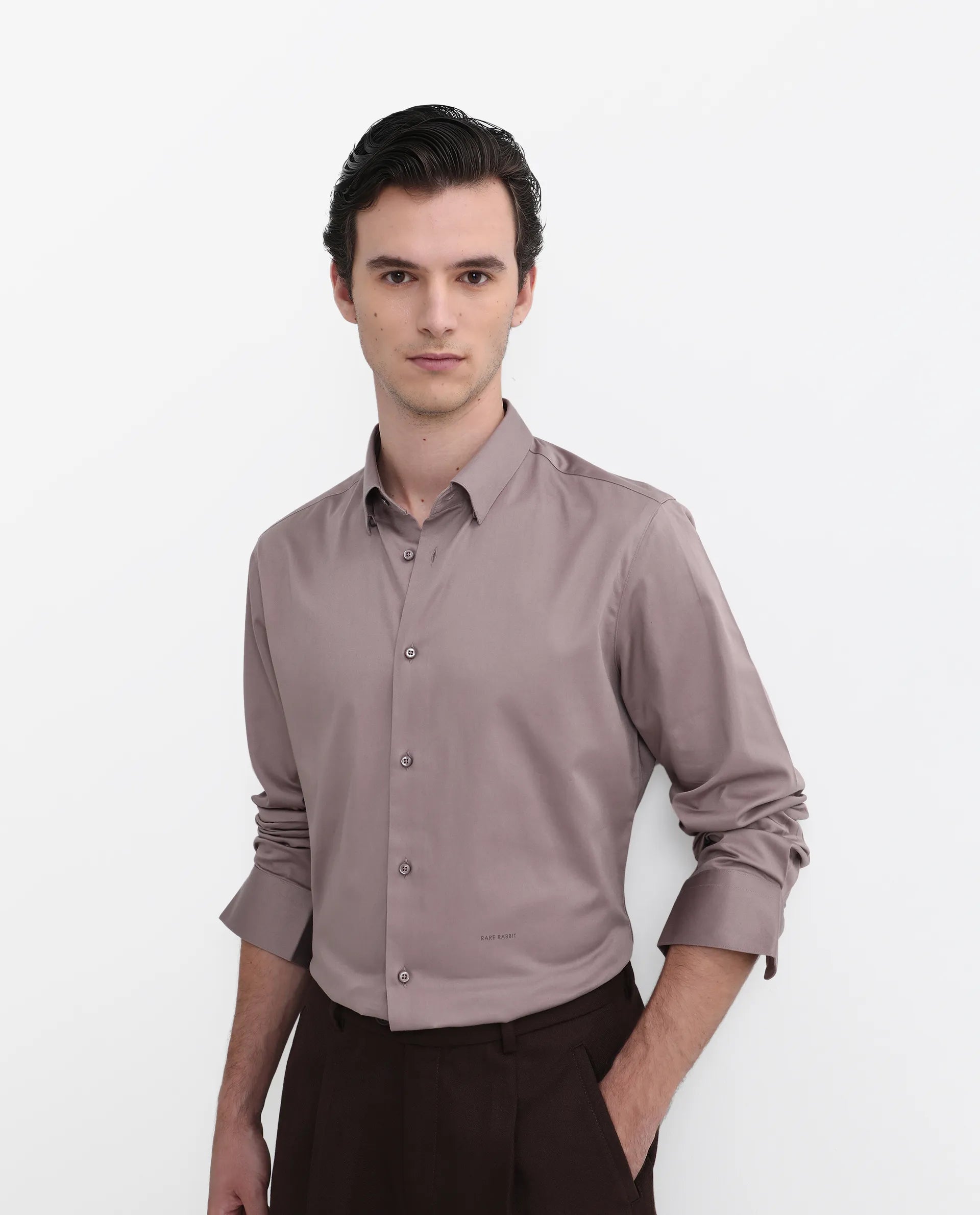 Rare Rabbit Men's Como-26 Dusky Pink Satin Plain Regular Fit Full Sleeve Collared Shirt