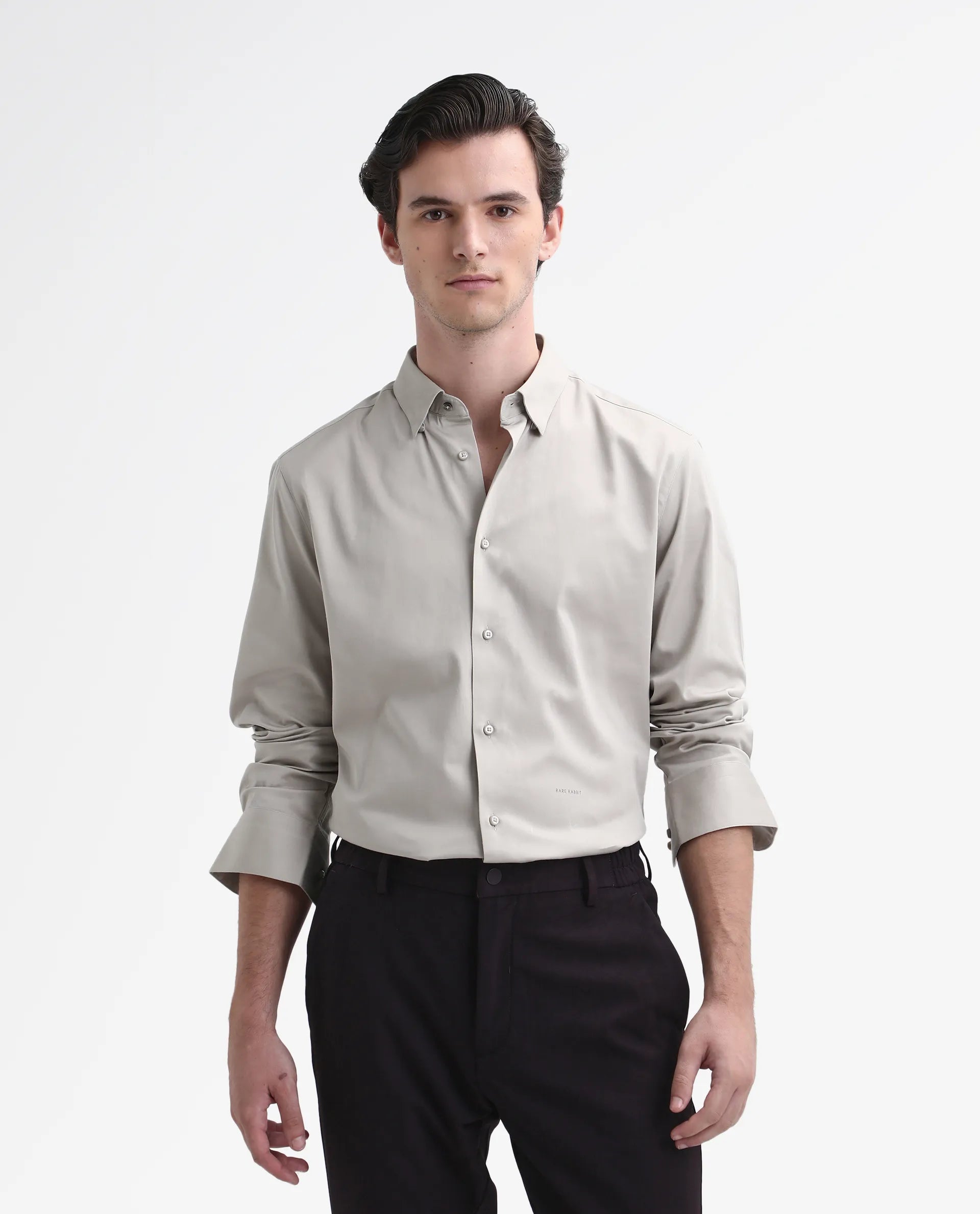 Rare Rabbit Men's Como-26 Light Beige Satin Plain Regular Fit Full Sleeve Collared Shirt