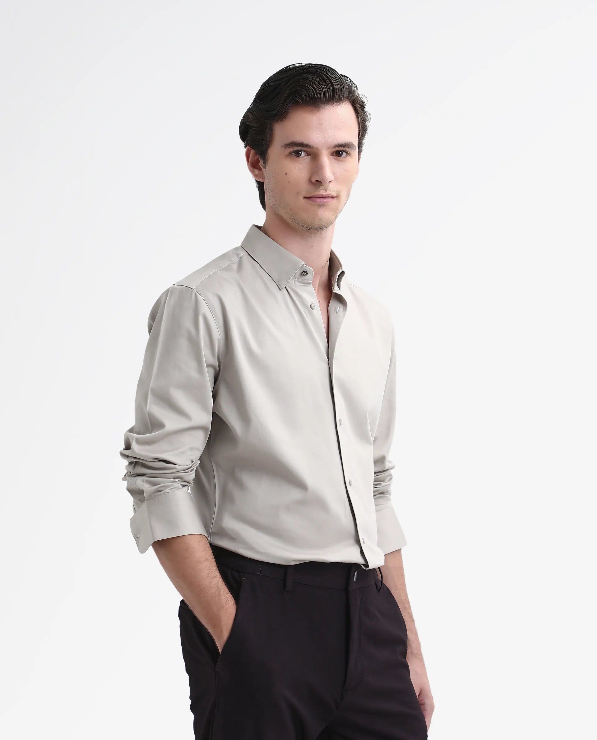 Rare Rabbit Men's Como-26 Light Beige Satin Plain Regular Fit Full Sleeve Collared Shirt