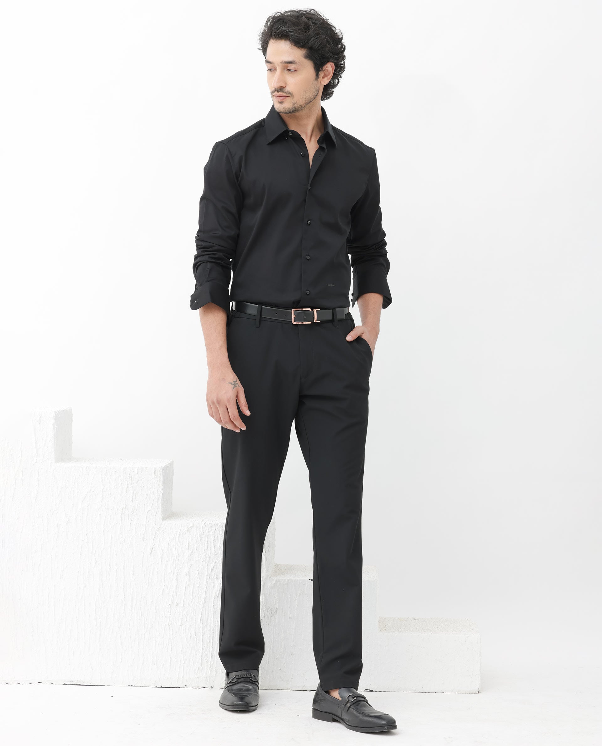 Rare Rabbit Mens Como-4 Black Satin Fabric Full Sleeves Solid Shirt