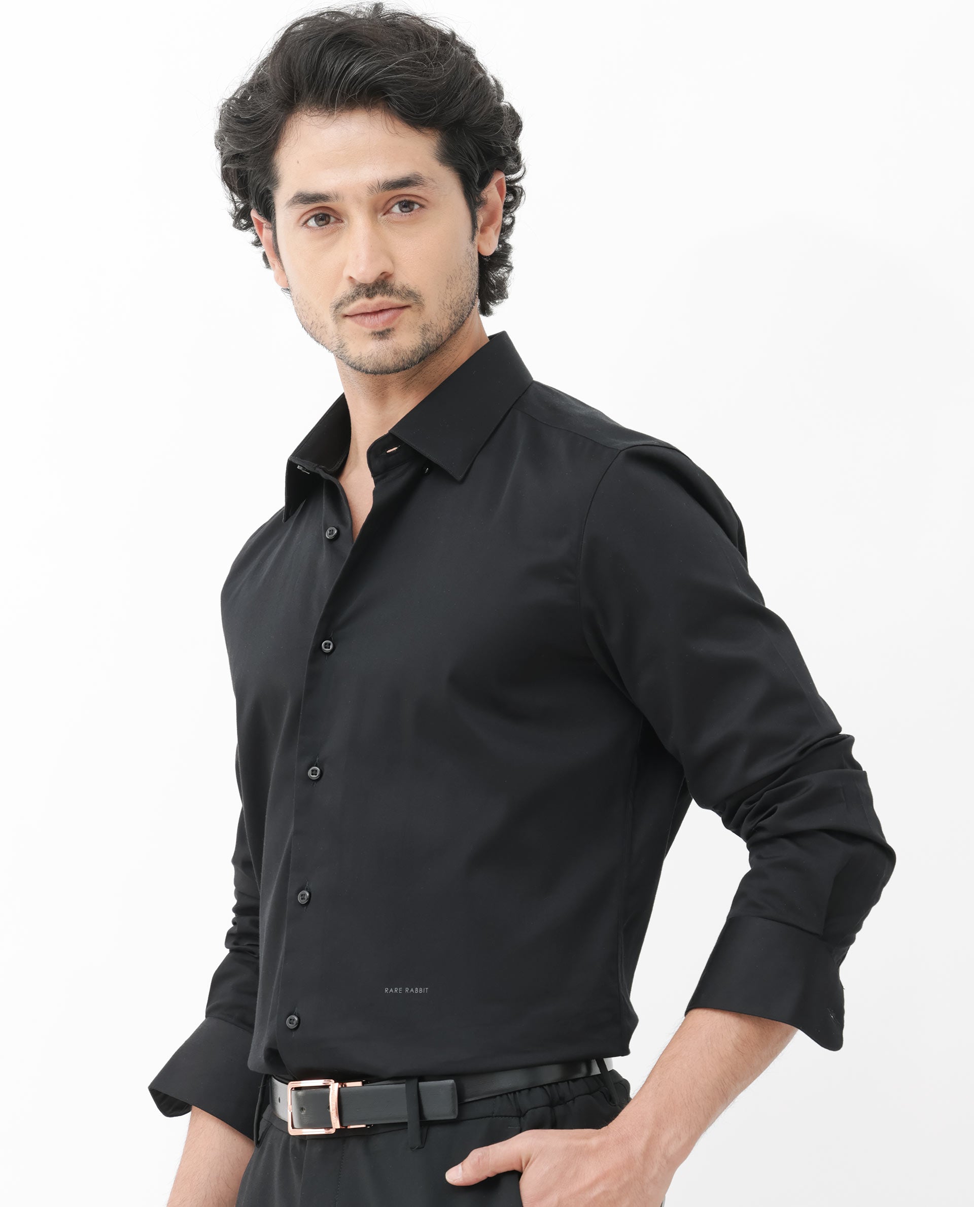 Rare Rabbit Mens Como-4 Black Satin Fabric Full Sleeves Solid Shirt