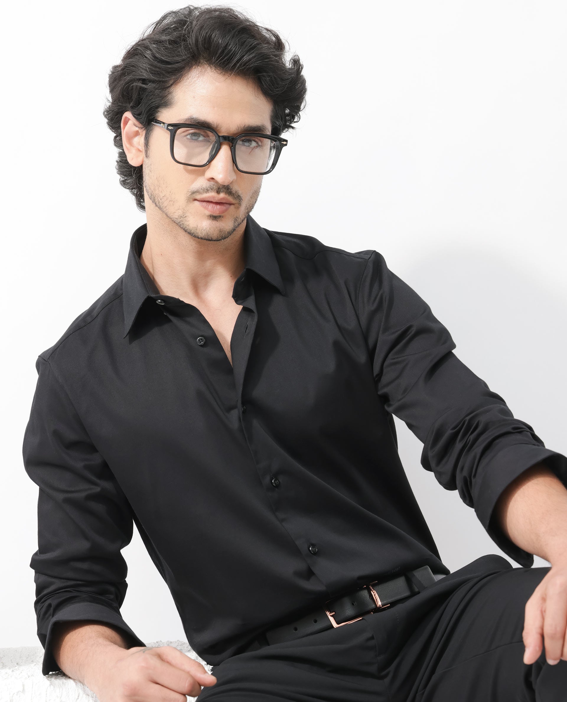 Rare Rabbit Mens Como-4 Black Satin Fabric Full Sleeves Solid Shirt