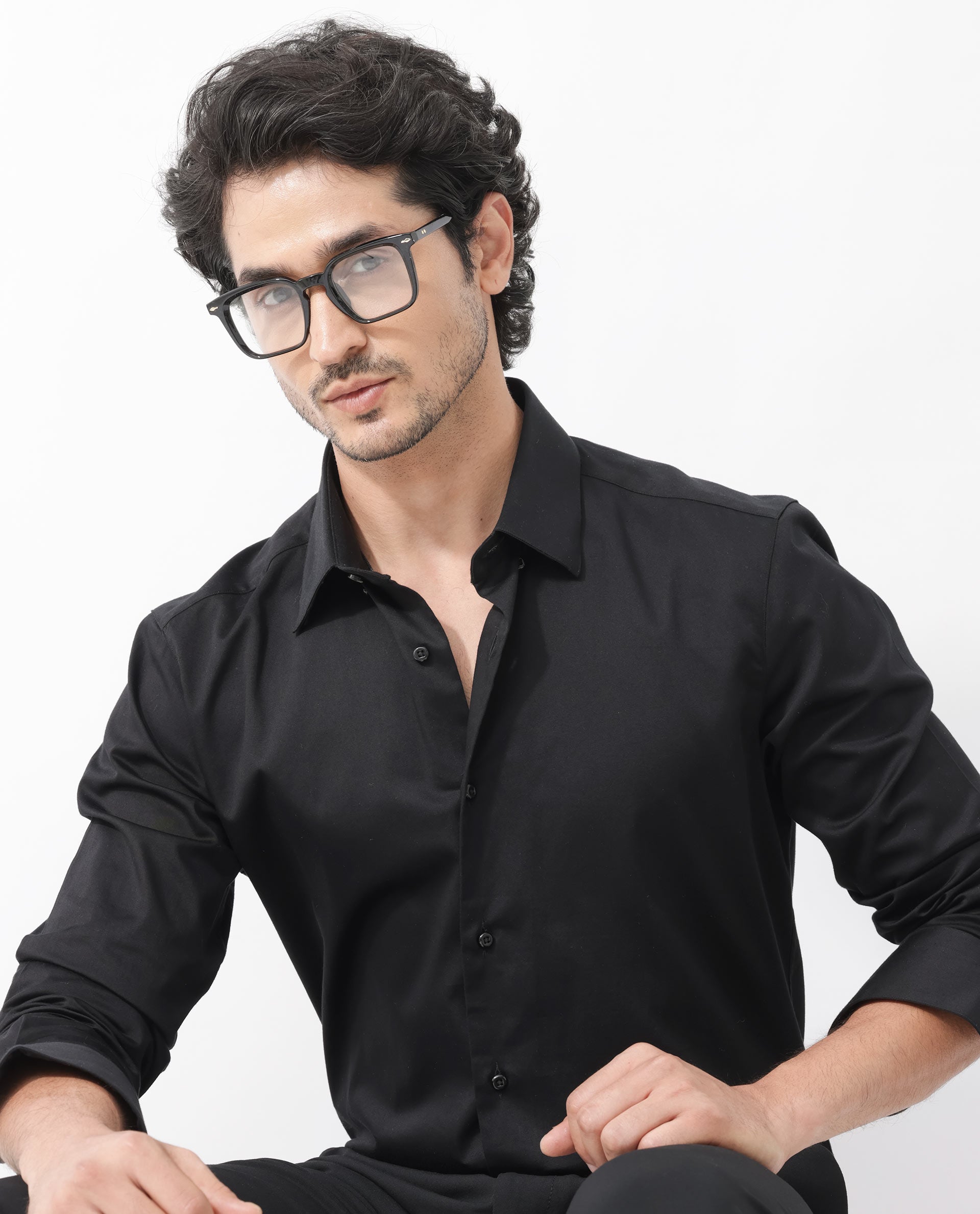 Rare Rabbit Mens Como-4 Black Satin Fabric Full Sleeves Solid Shirt