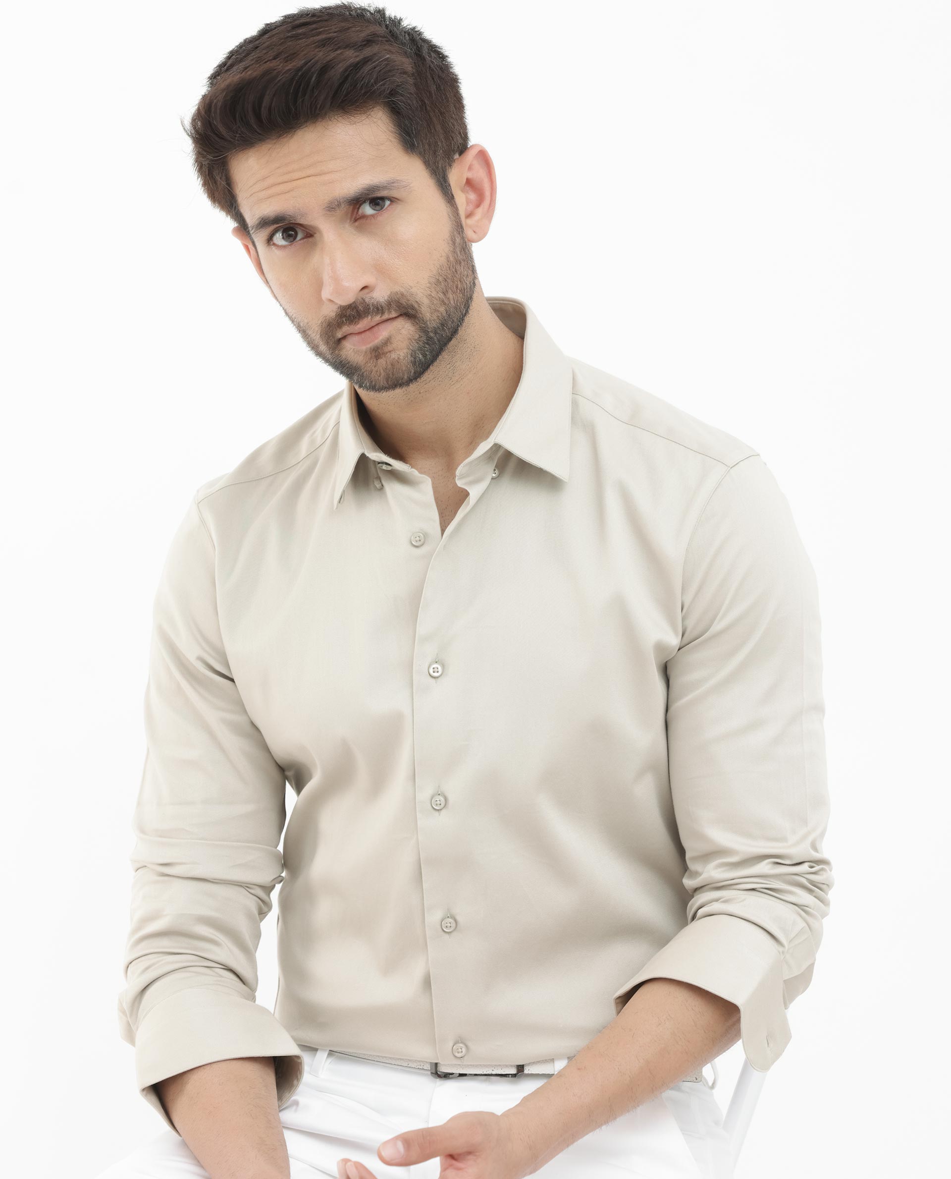 Rare Rabbit Men's Como- 4 Dusky Beige Satin Fabric Full Sleeves Solid Shirt