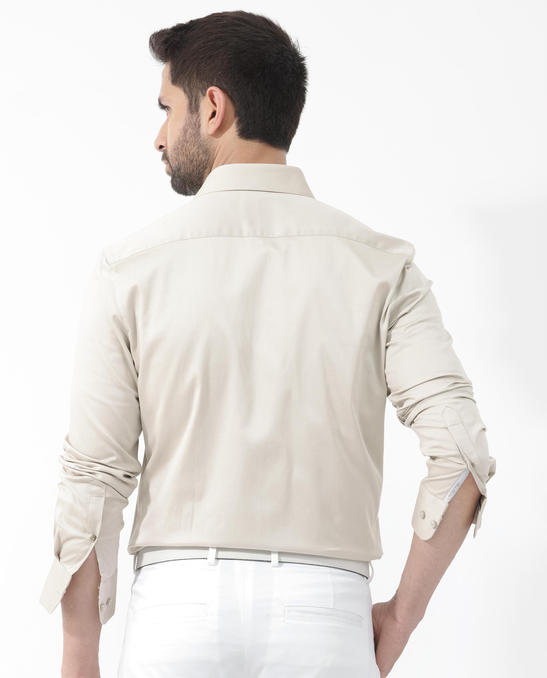 Rare Rabbit Men's Como- 4 Dusky Beige Satin Fabric Full Sleeves Solid Shirt