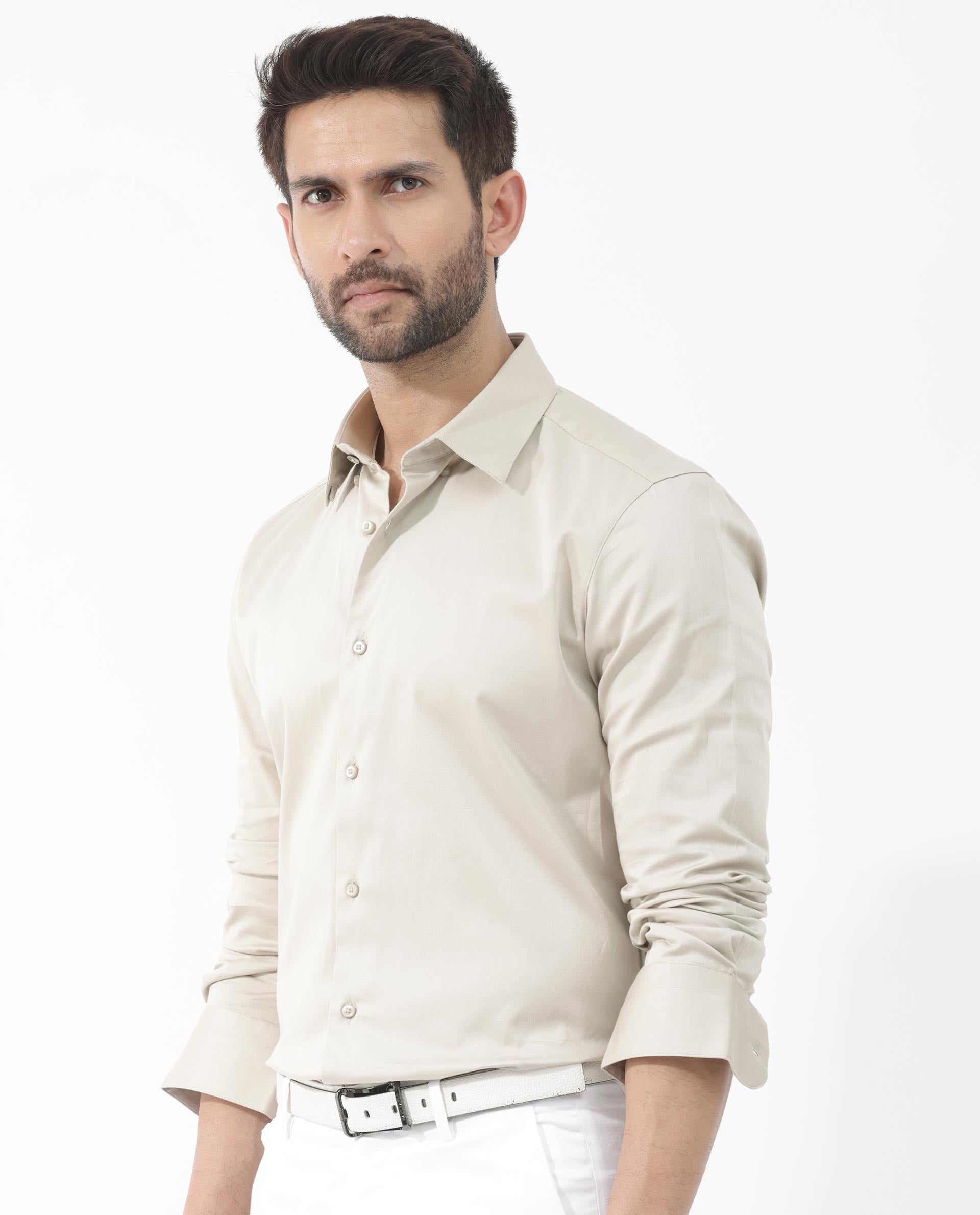 Rare Rabbit Men's Como- 4 Dusky Beige Satin Fabric Full Sleeves Solid Shirt