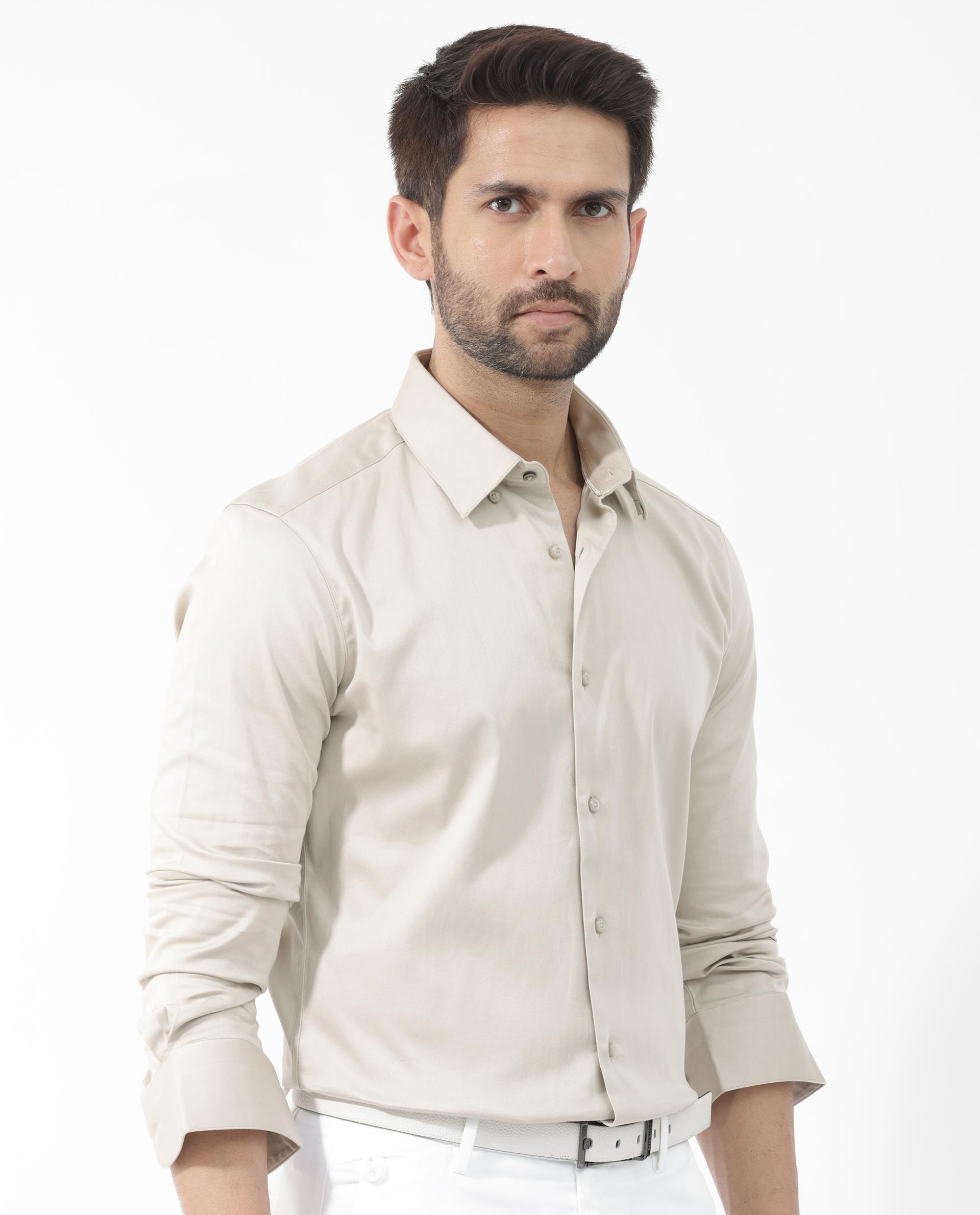 Rare Rabbit Men's Como- 4 Dusky Beige Satin Fabric Full Sleeves Solid Shirt