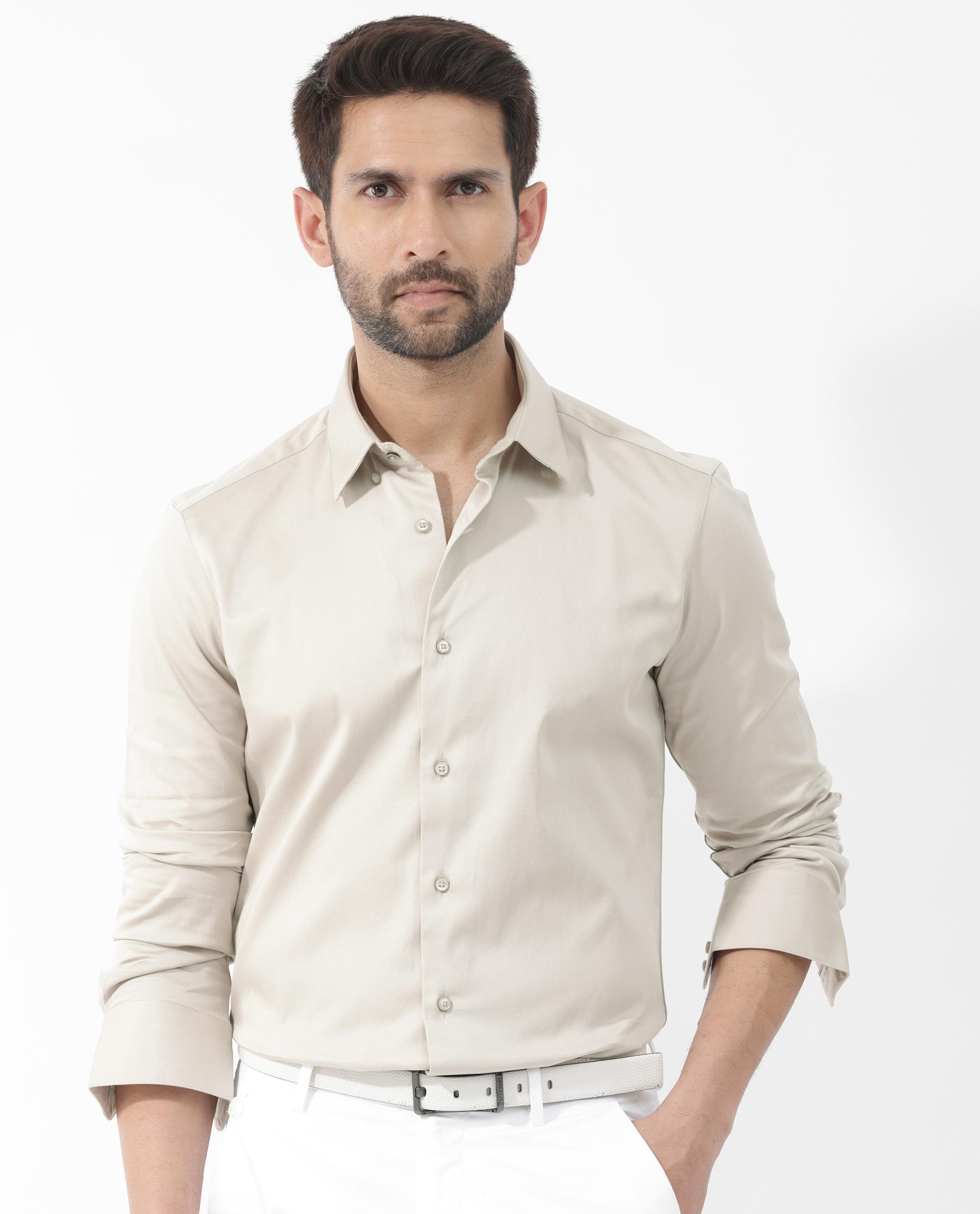 Rare Rabbit Men's Como- 4 Dusky Beige Satin Fabric Full Sleeves Solid Shirt