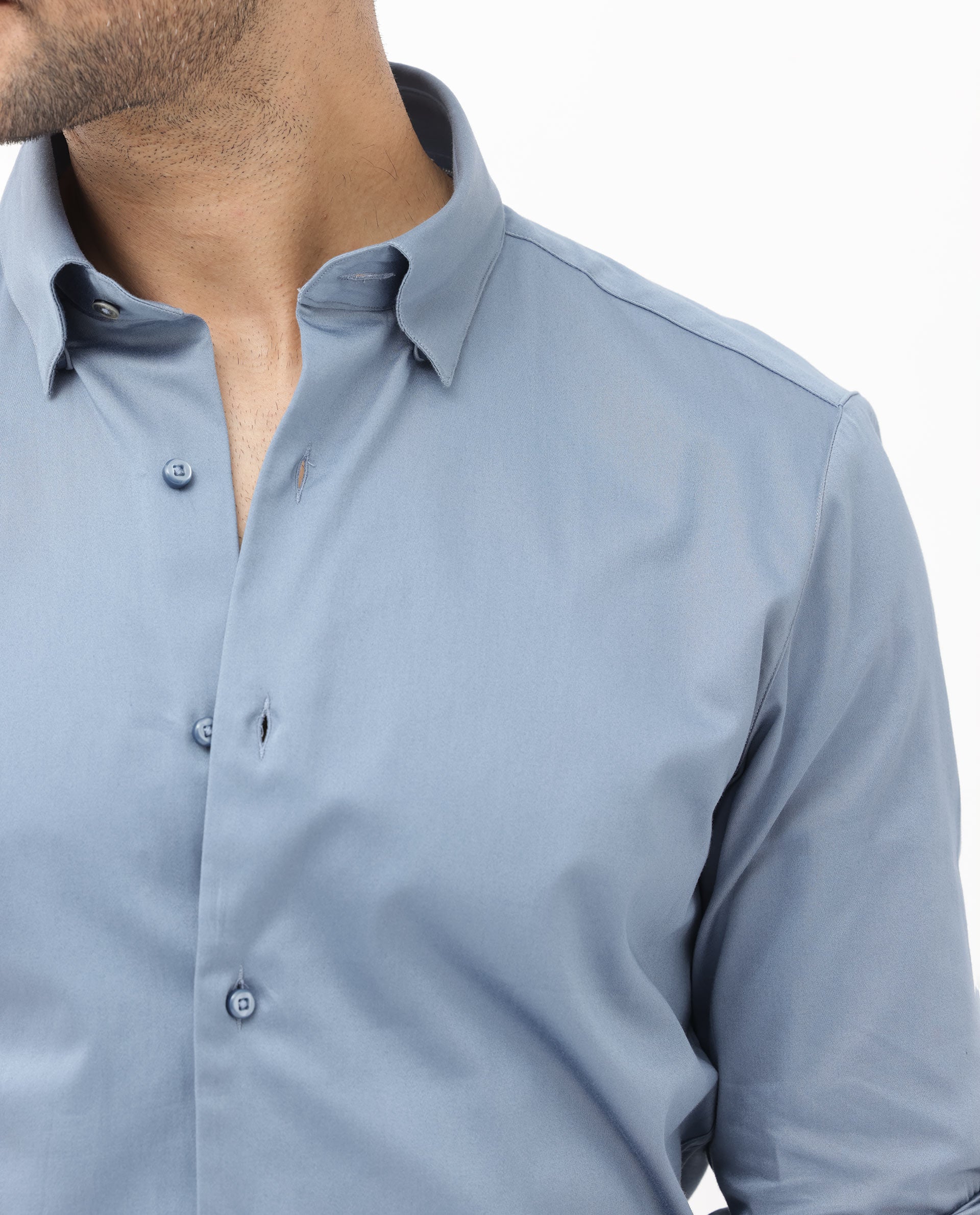 Rare Rabbit Men's Como- 4 Dusky Blue Satin Fabric Full Sleeves Solid Shirt