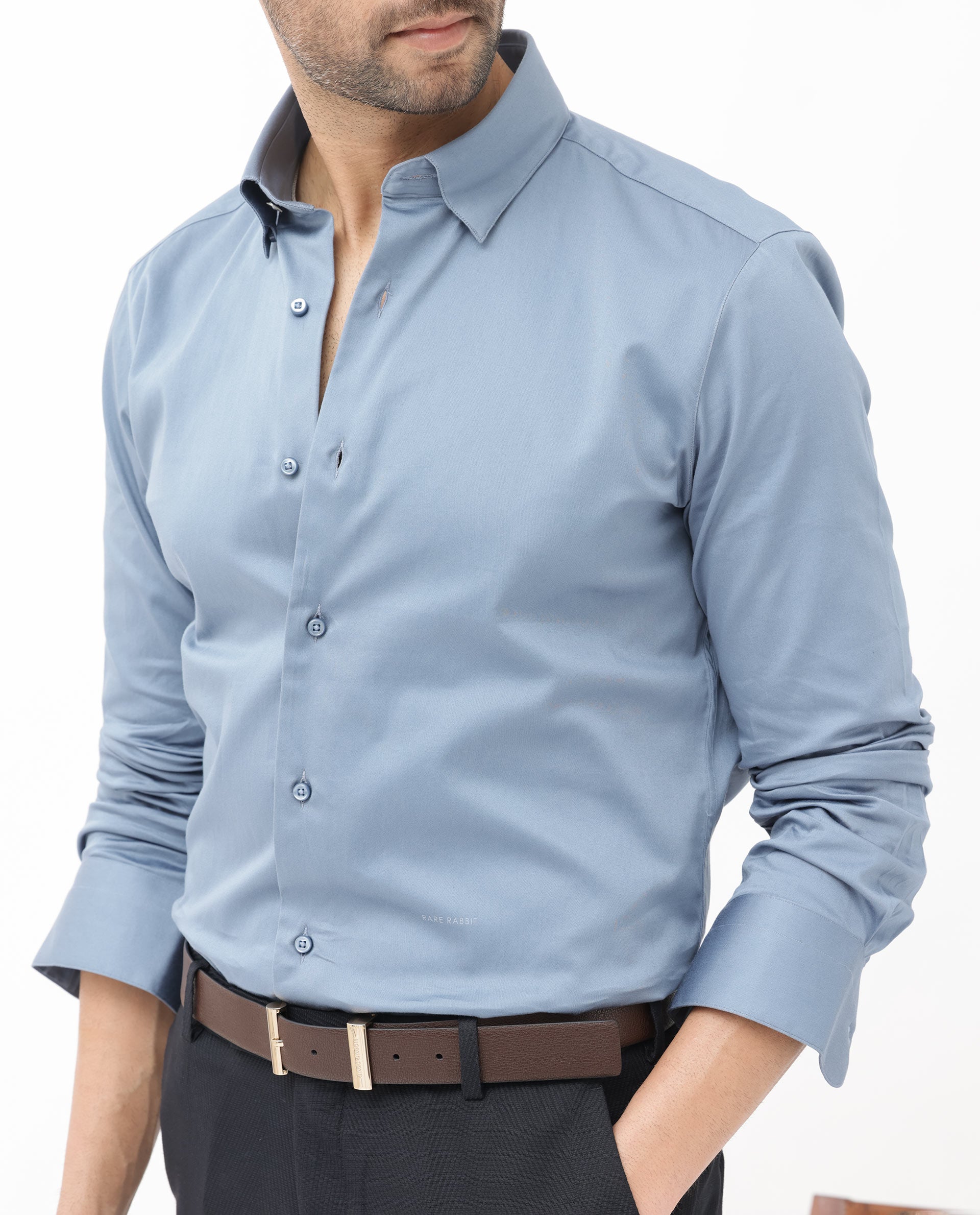 Rare Rabbit Men's Como- 4 Dusky Blue Satin Fabric Full Sleeves Solid Shirt