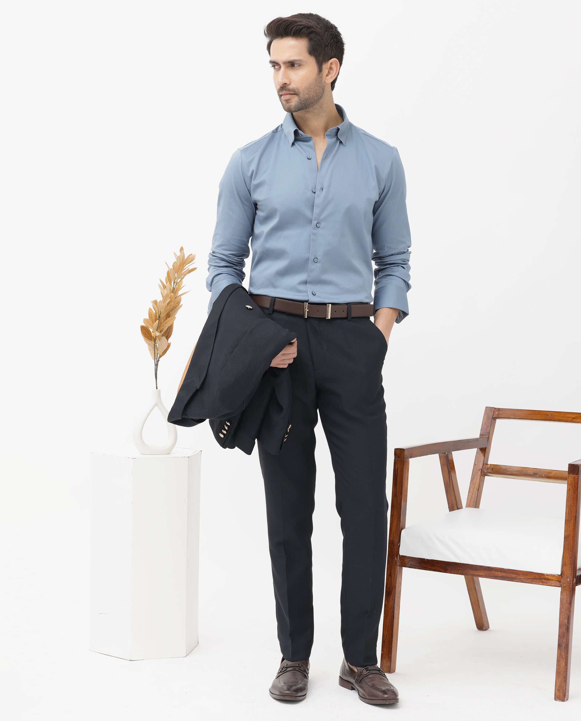 Rare Rabbit Men's Como- 4 Dusky Blue Satin Fabric Full Sleeves Solid Shirt