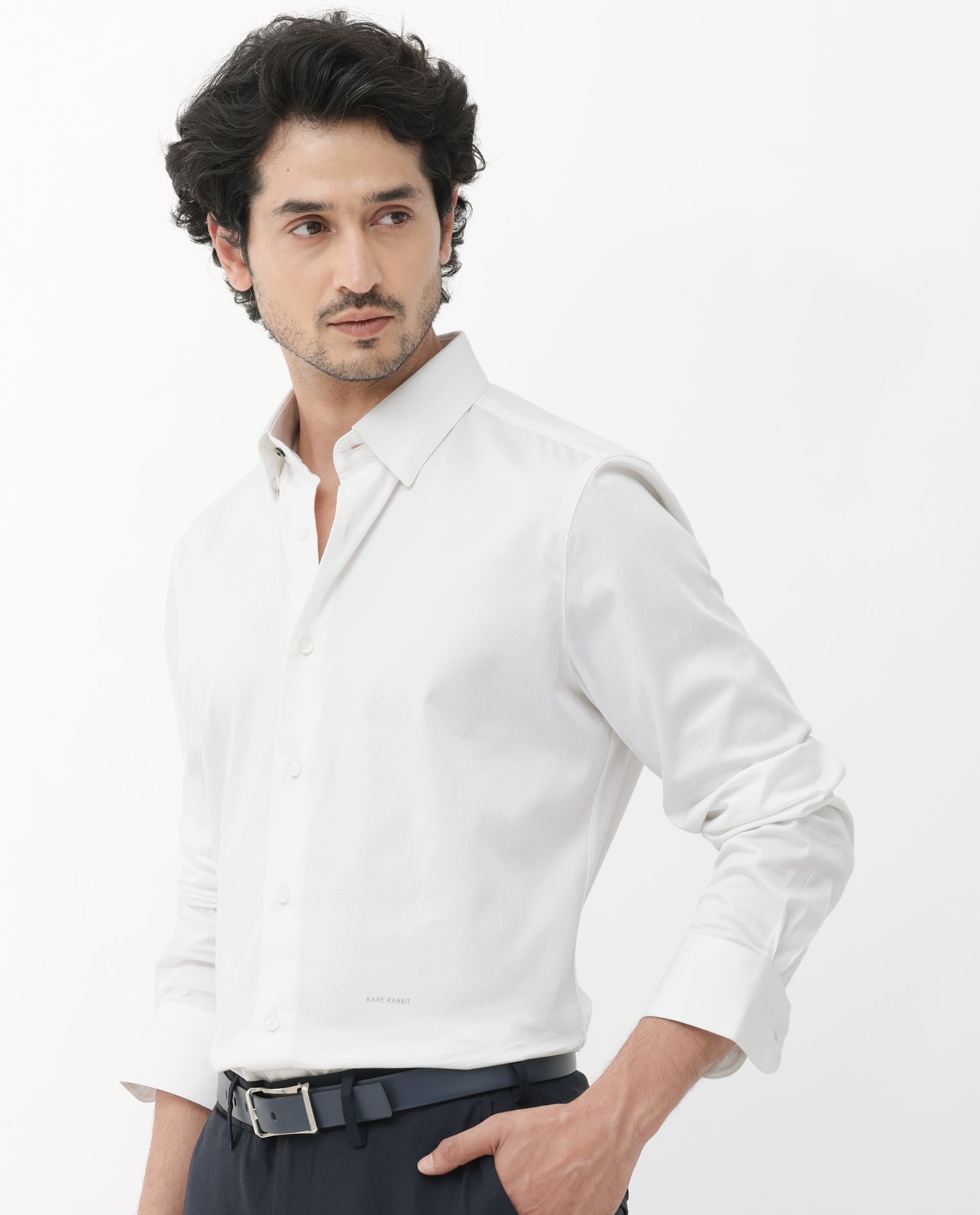 Rare Rabbit Mens Como-4 White Satin Fabric Full Sleeves Solid Shirt