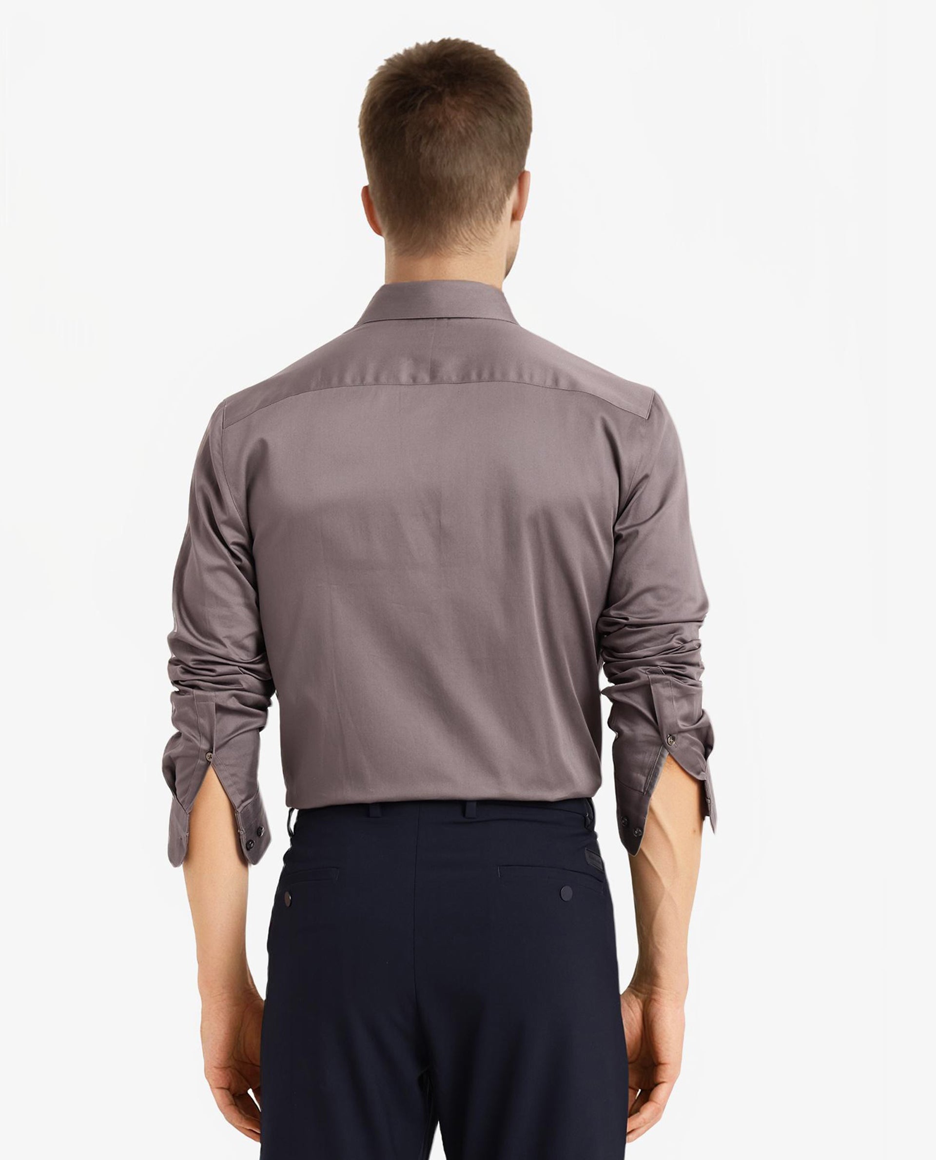 Rare Rabbit Men Como-5 Dusky Grey Cotton Lycra Fabric Full Sleeve Regular Fit Plain Satin Shirt