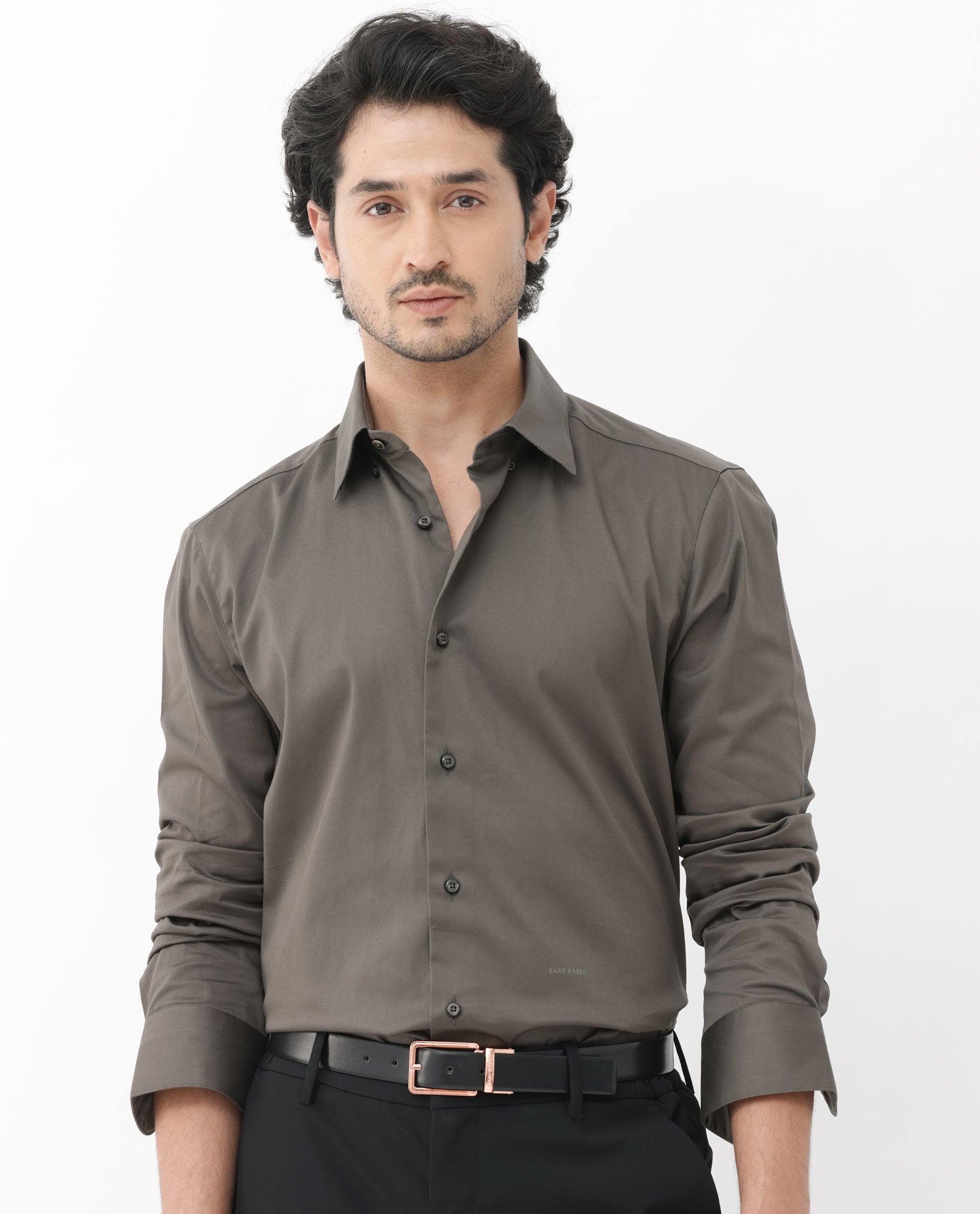 Rare Rabbit Mens Como-4 Dusky Olive Satin Fabric Full Sleeves Solid Shirt