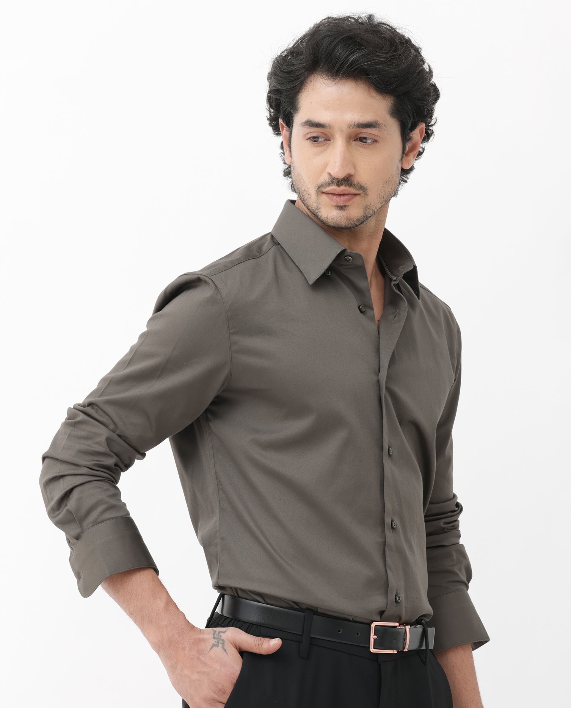 Rare Rabbit Mens Como-4 Dusky Olive Satin Fabric Full Sleeves Solid Shirt