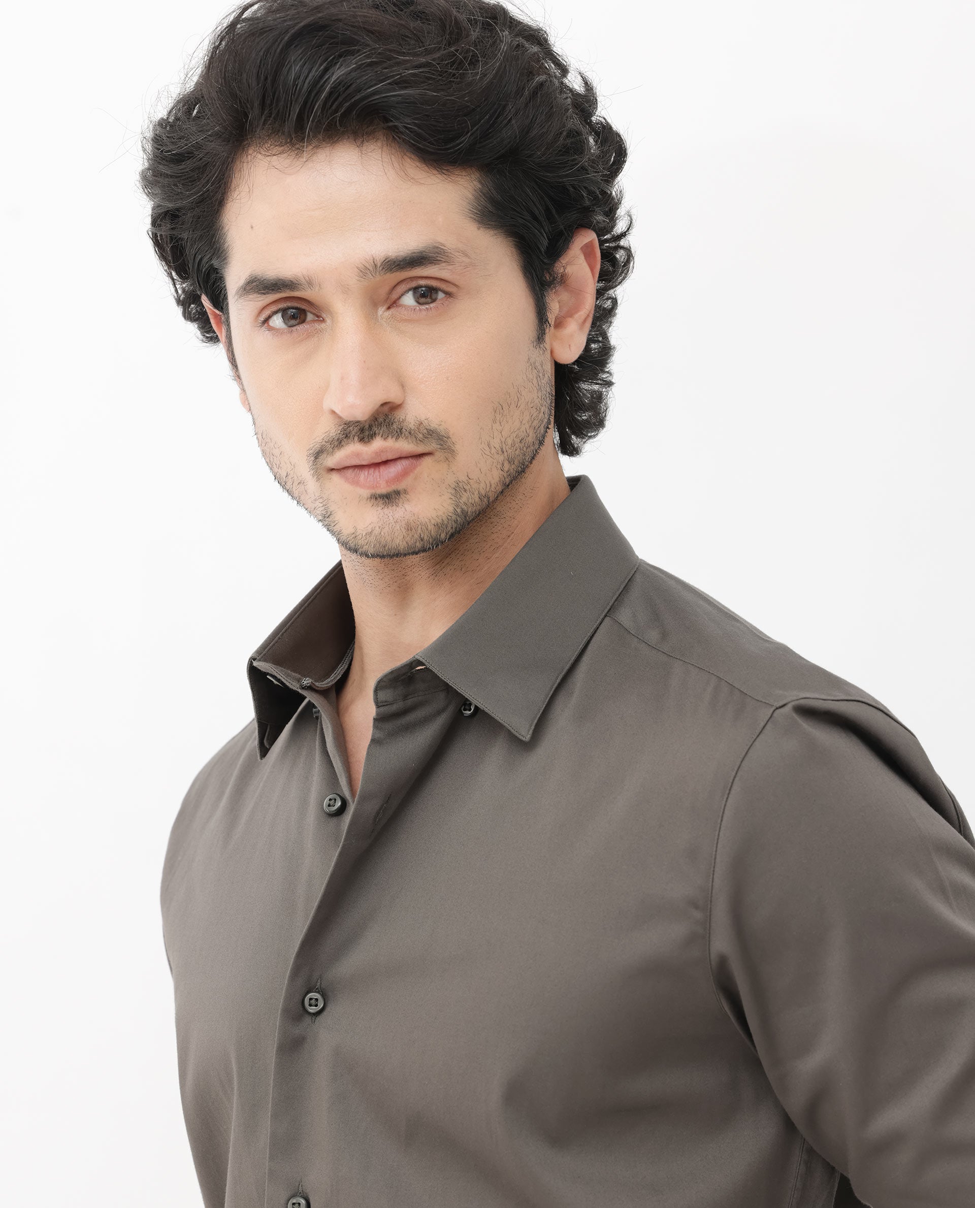 Rare Rabbit Mens Como-4 Dusky Olive Satin Fabric Full Sleeves Solid Shirt