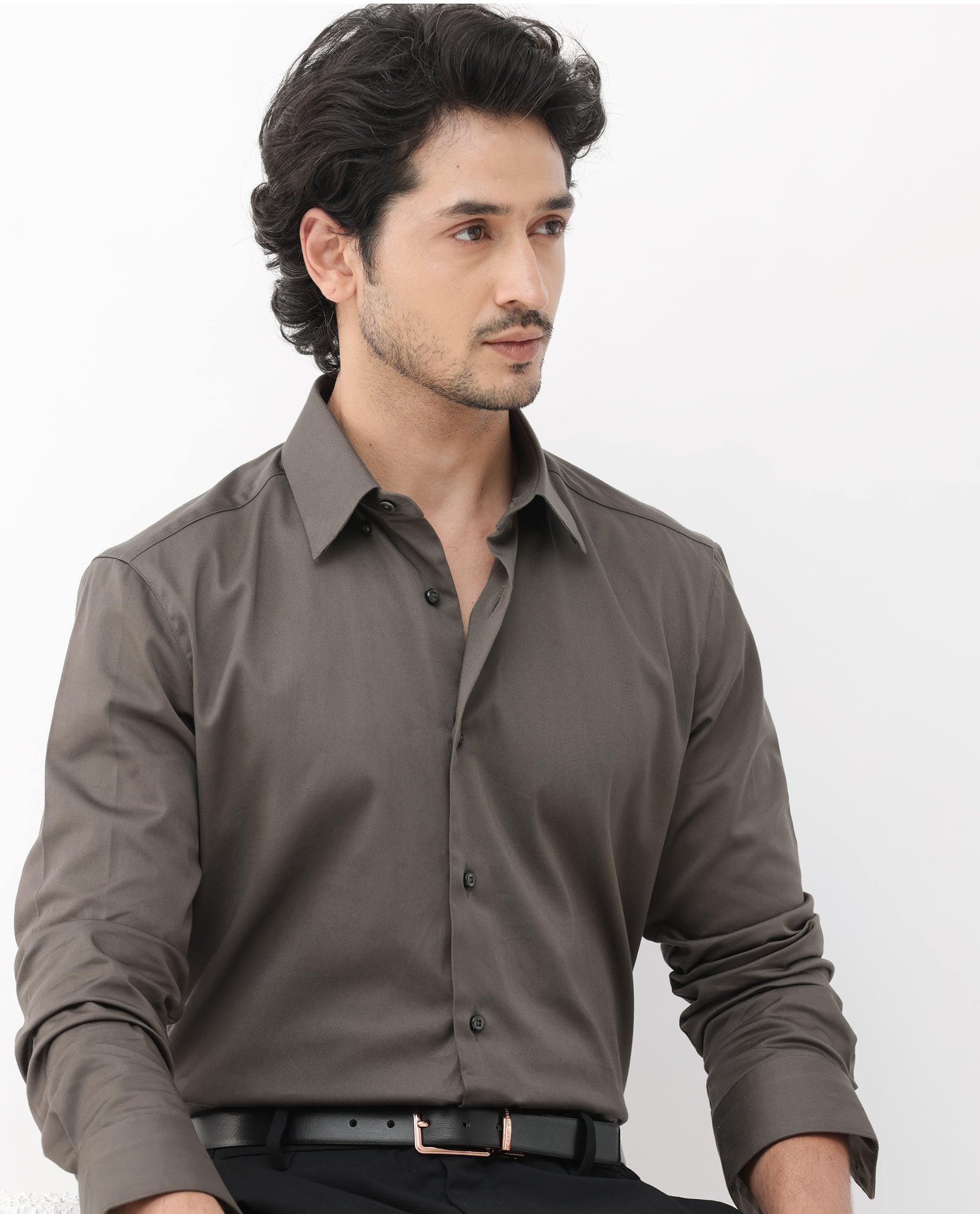 Rare Rabbit Mens Como-4 Dusky Olive Satin Fabric Full Sleeves Solid Shirt