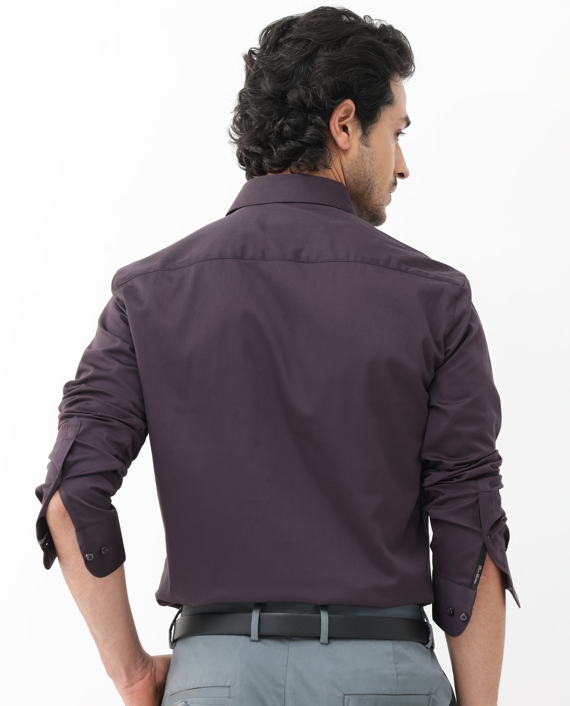 Rare Rabbit Mens Como-4 Dark Purple Satin Fabric Full Sleeves Solid Shirt