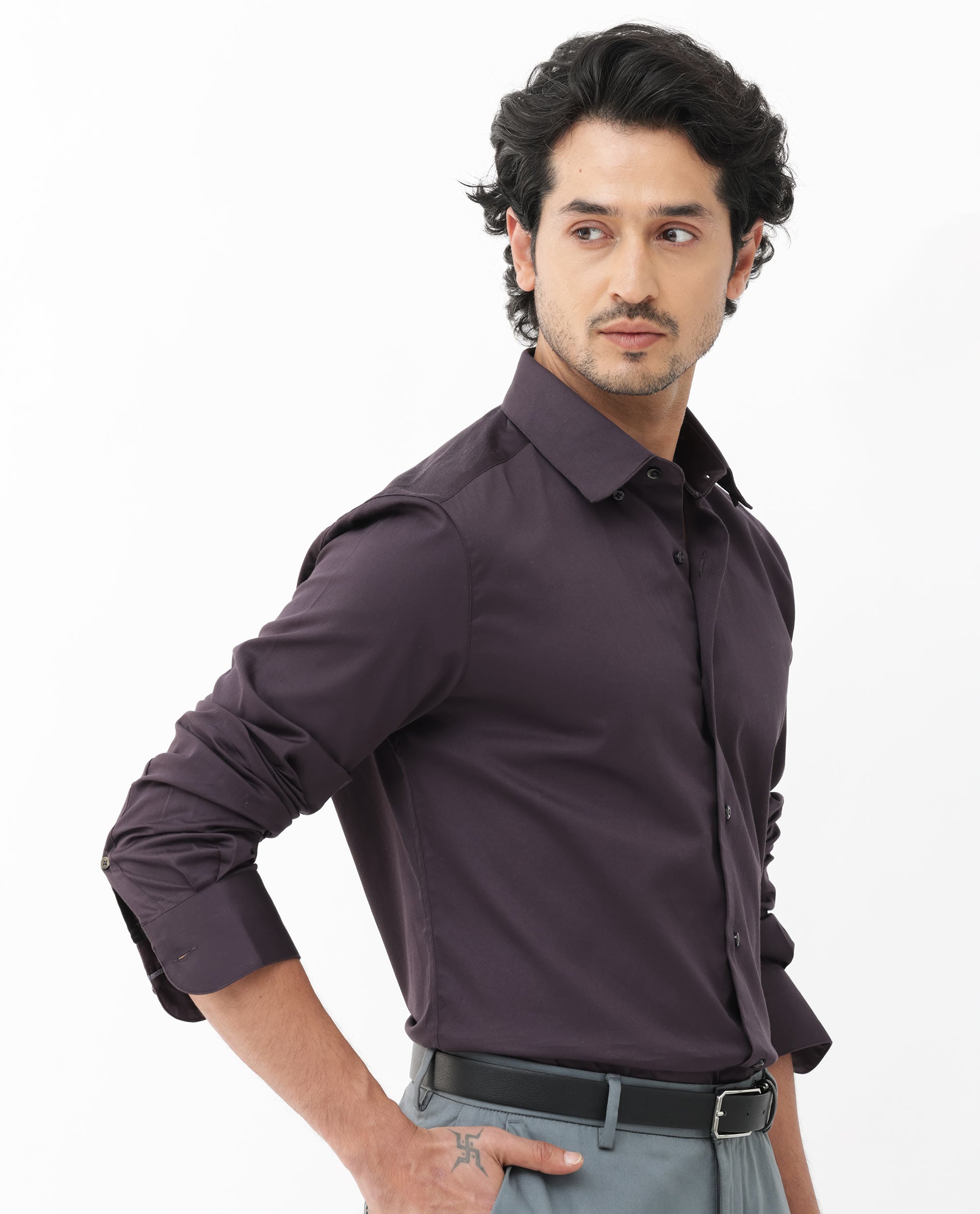 Rare Rabbit Mens Como-4 Dark Purple Satin Fabric Full Sleeves Solid Shirt