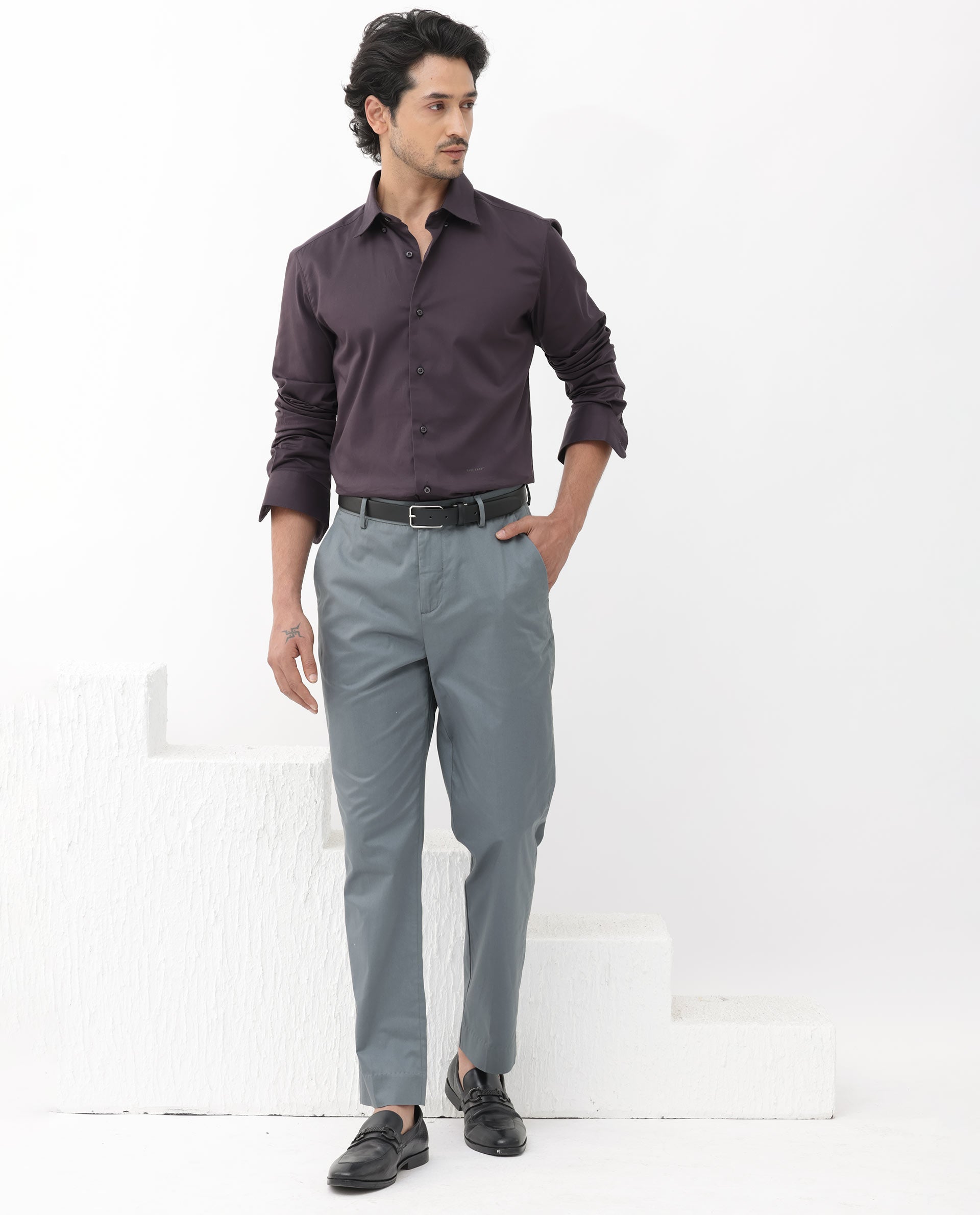 Rare Rabbit Mens Como-4 Dark Purple Satin Fabric Full Sleeves Solid Shirt