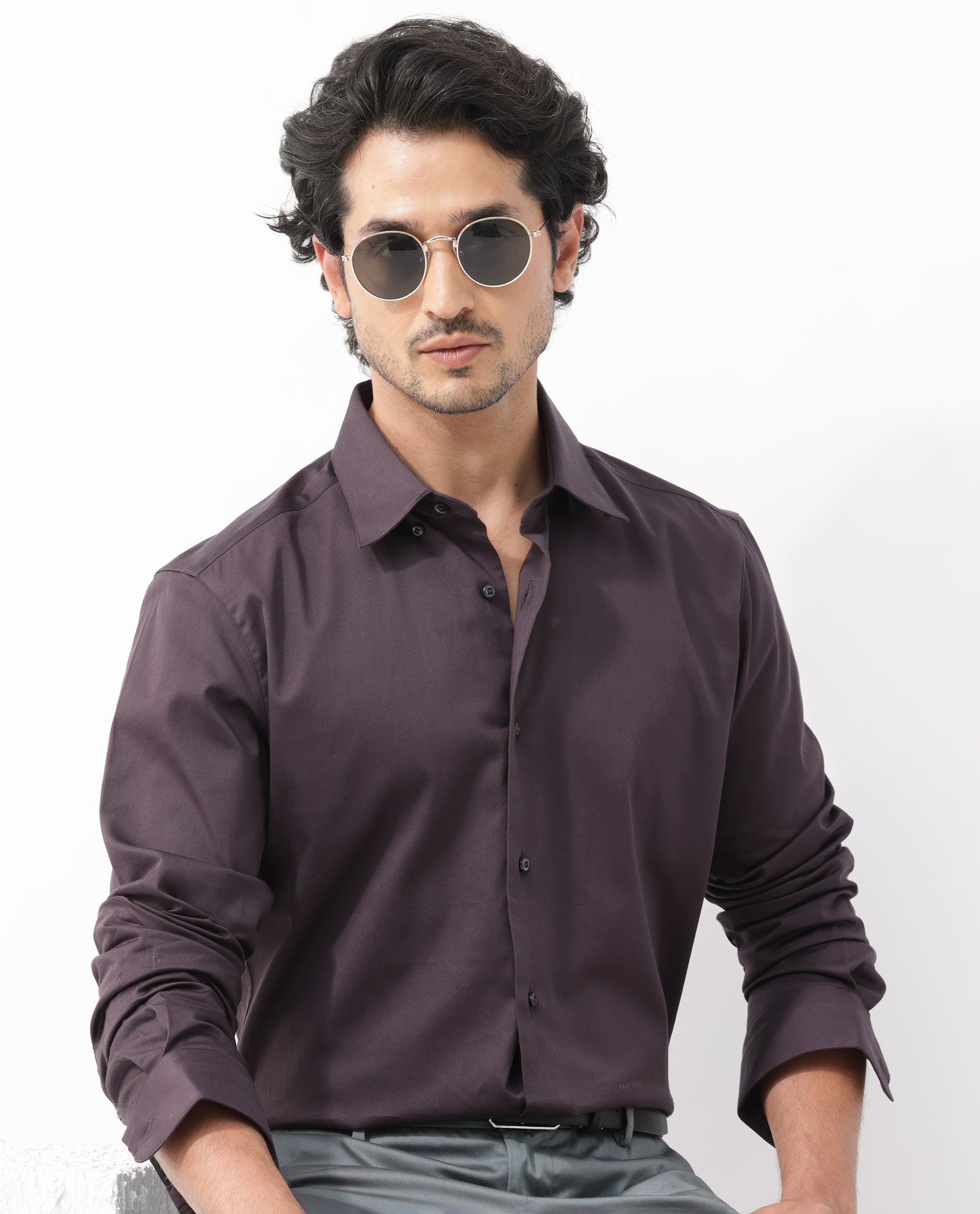 Rare Rabbit Mens Como-4 Dark Purple Satin Fabric Full Sleeves Solid Shirt