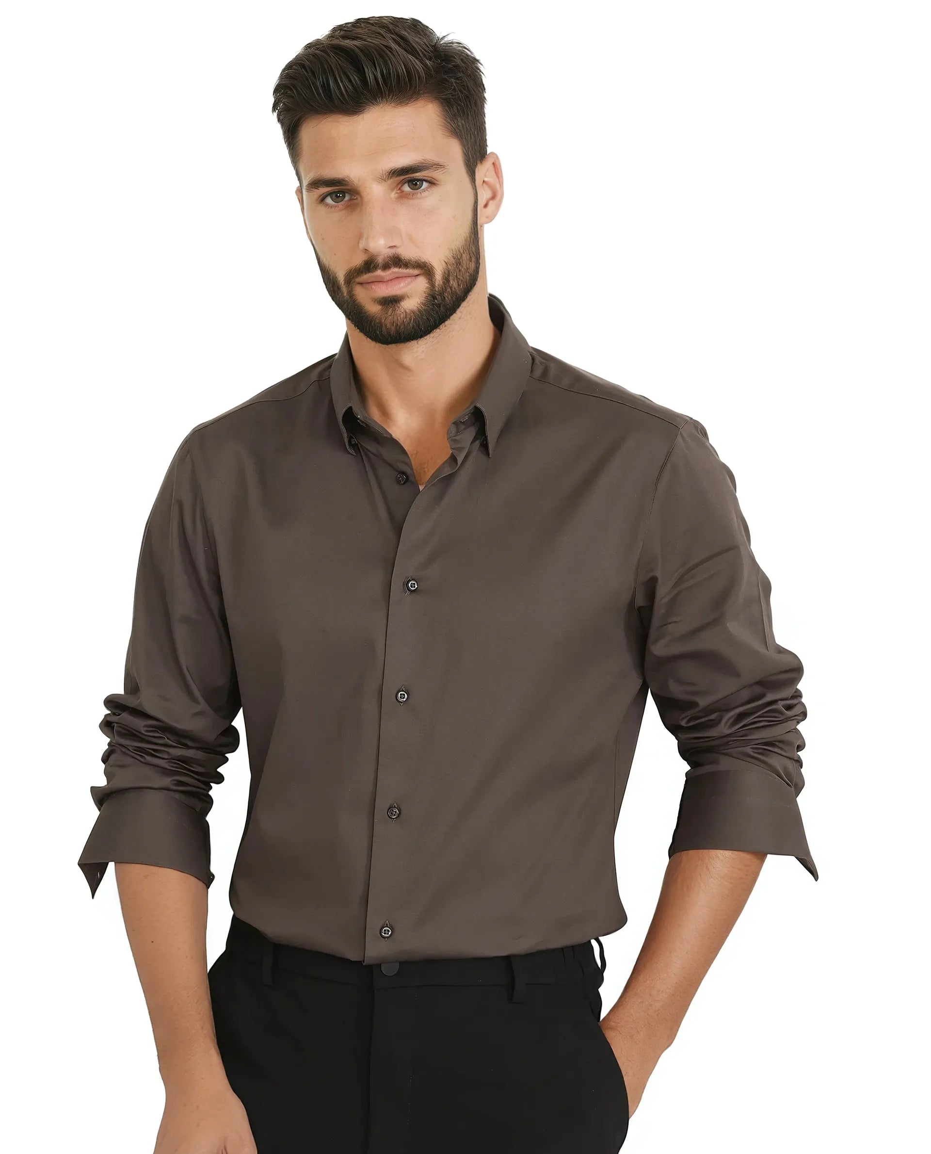 Rare Rabbit Men Como-25 Dusky Olive Cotton Blend Fabric Full Sleeves Collared Neck Button Closure Plain Shirt