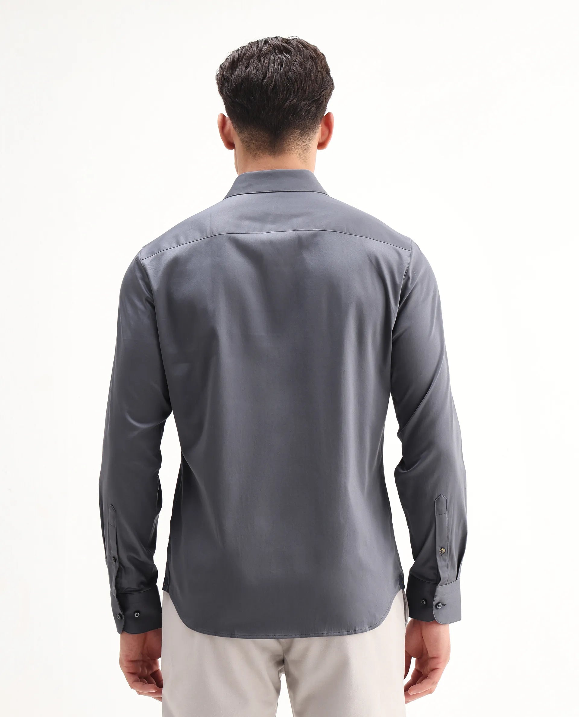 Rare Rabbit Men's Como-26 Dusky Blue Satin Plain Regular Fit Full Sleeve Collared Shirt