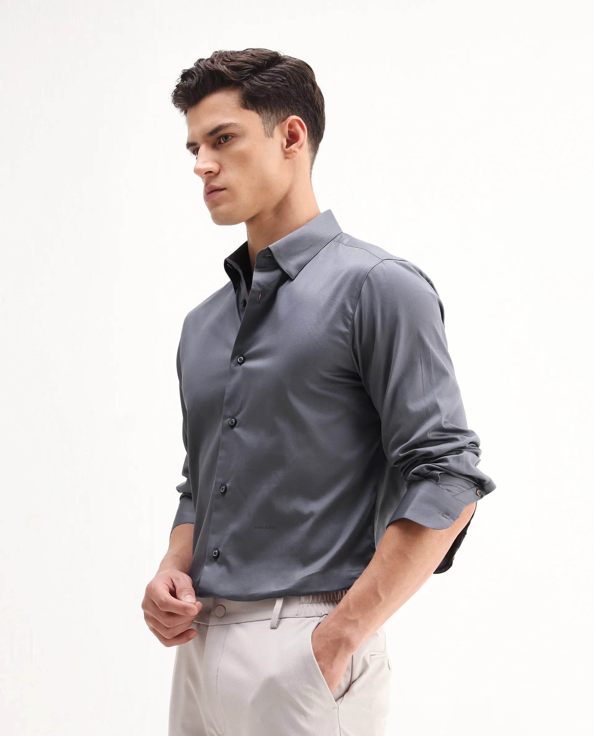 Rare Rabbit Men's Como-26 Dusky Blue Satin Plain Regular Fit Full Sleeve Collared Shirt