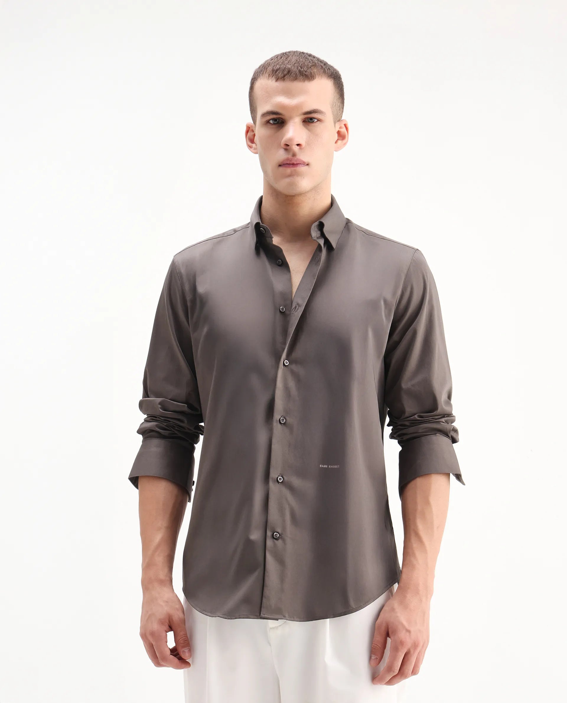 Rare Rabbit Men's Como-26 Dusky Brown Satin Plain Regular Fit Full Sleeve Collared Shirt