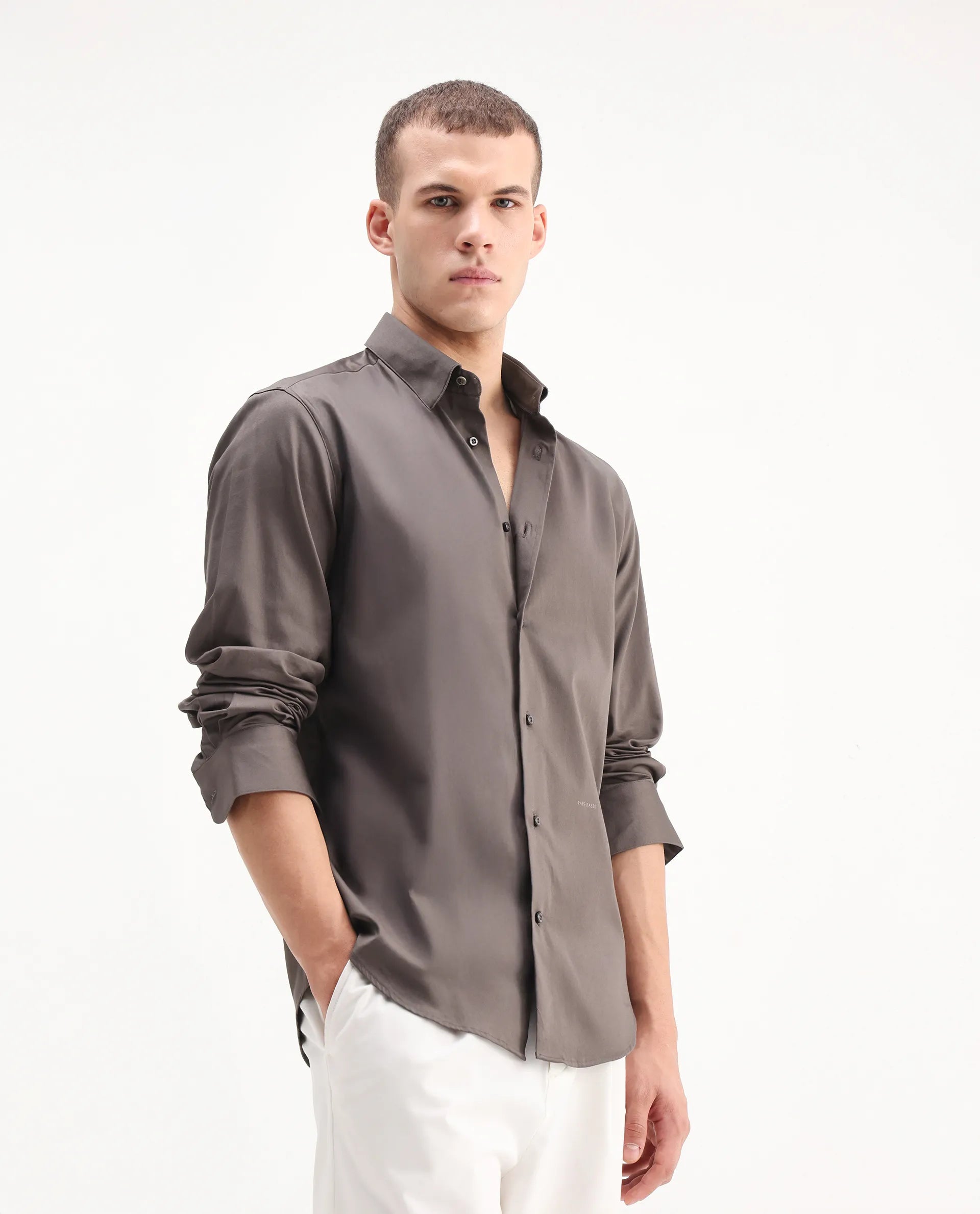 Rare Rabbit Men's Como-26 Dusky Brown Satin Plain Regular Fit Full Sleeve Collared Shirt