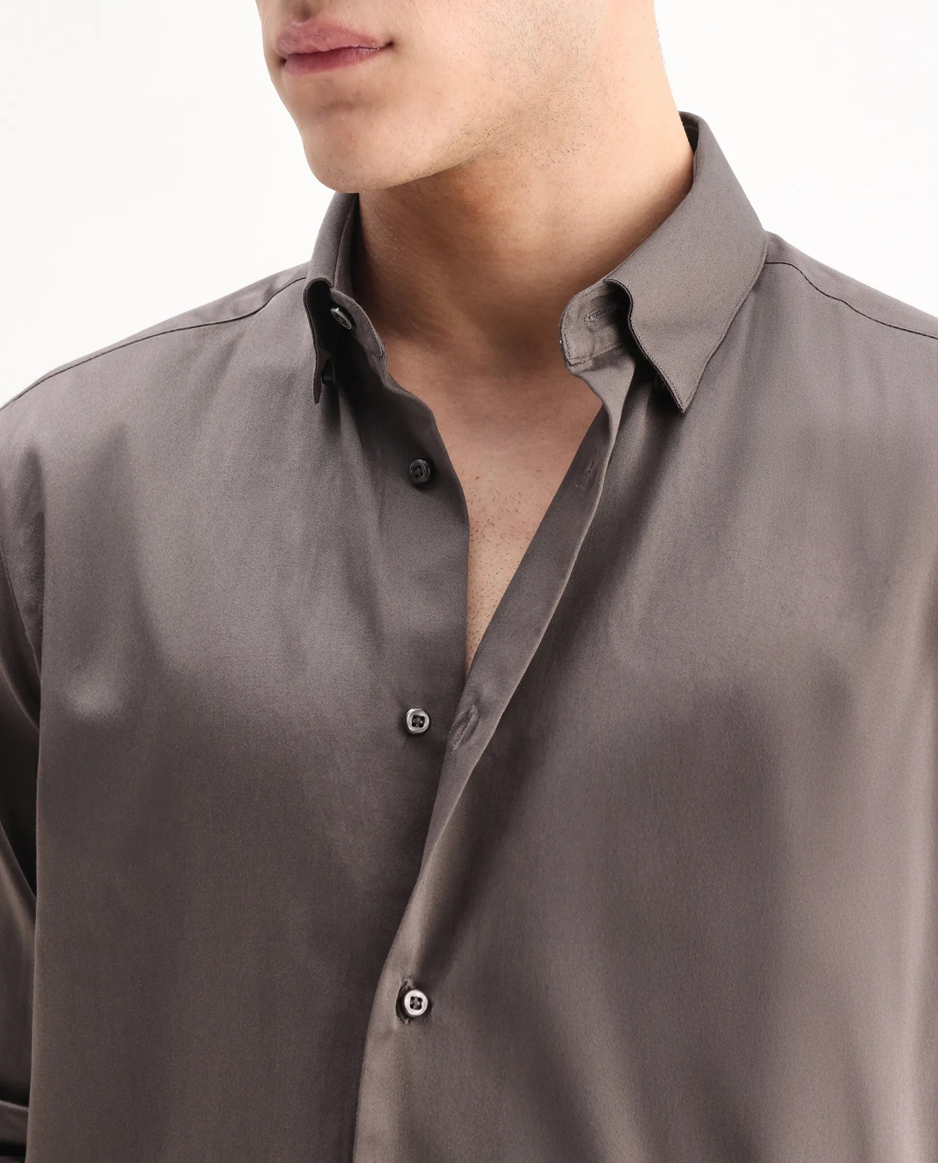 Rare Rabbit Men's Como-26 Dusky Brown Satin Plain Regular Fit Full Sleeve Collared Shirt