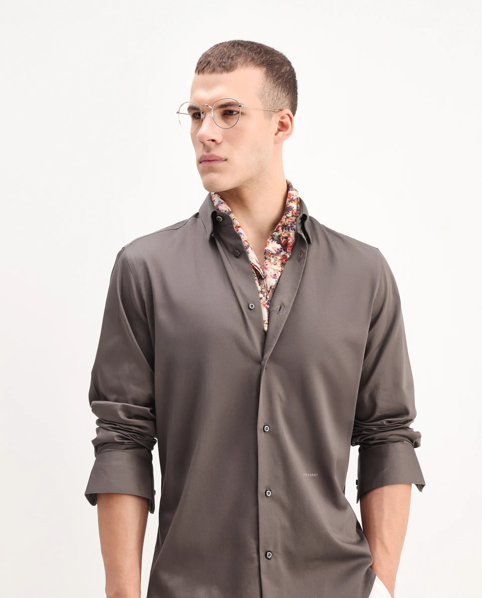 Rare Rabbit Men's Como-26 Dusky Brown Satin Plain Regular Fit Full Sleeve Collared Shirt