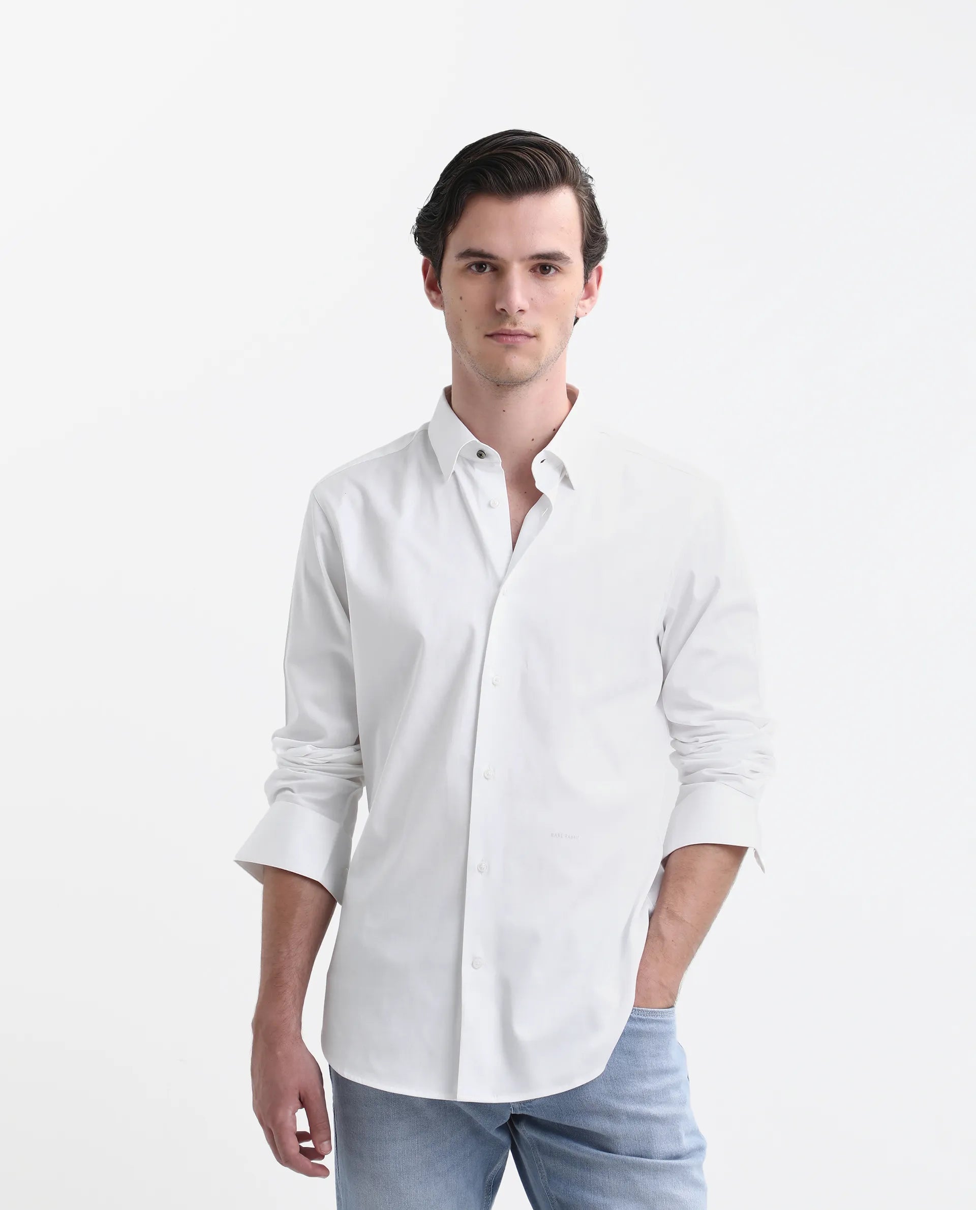 Rare Rabbit Men's Como-26 White Satin Plain Regular Fit Full Sleeve Collared Shirt
