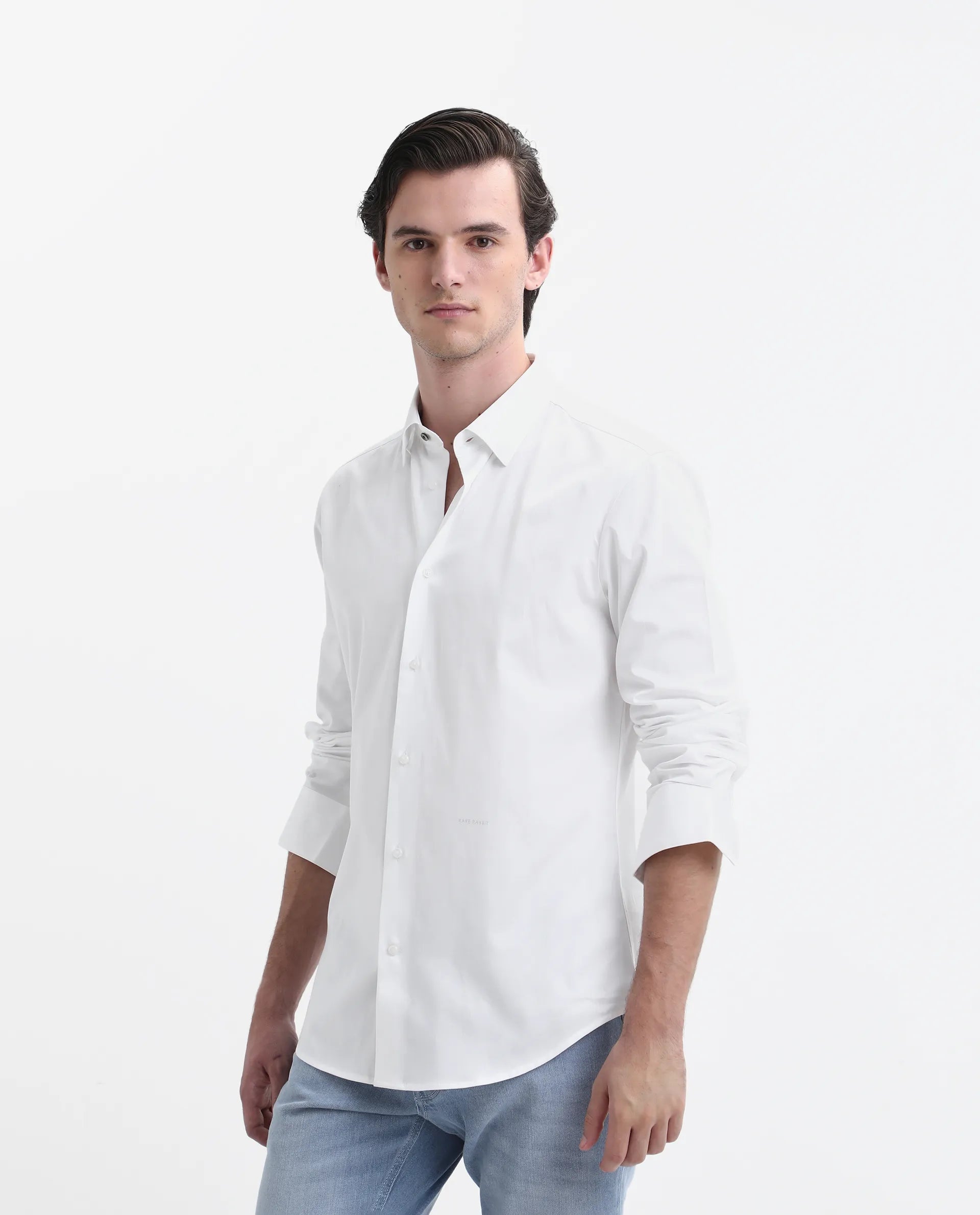 Rare Rabbit Men's Como-26 White Satin Plain Regular Fit Full Sleeve Collared Shirt