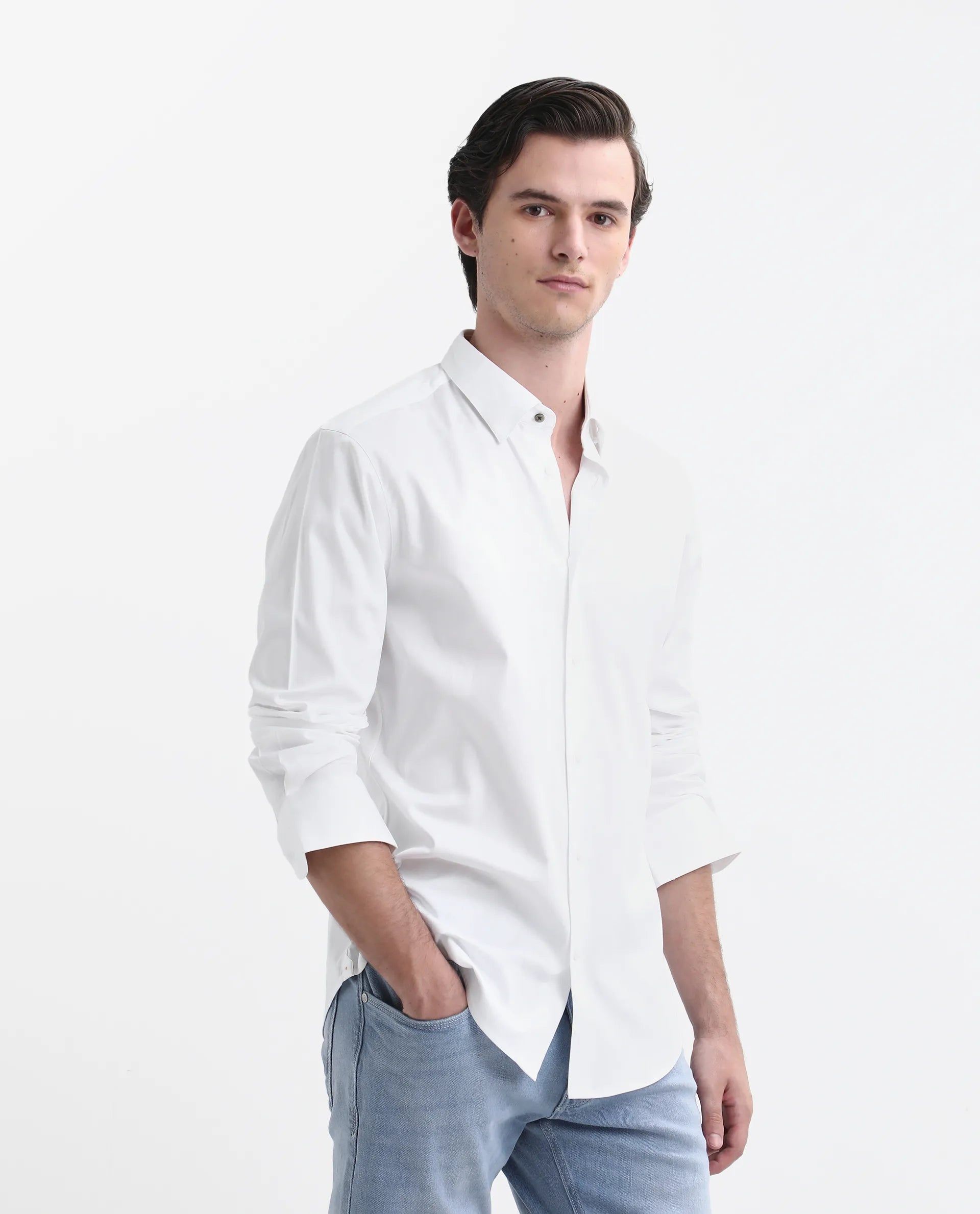 Rare Rabbit Men's Como-26 White Satin Plain Regular Fit Full Sleeve Collared Shirt