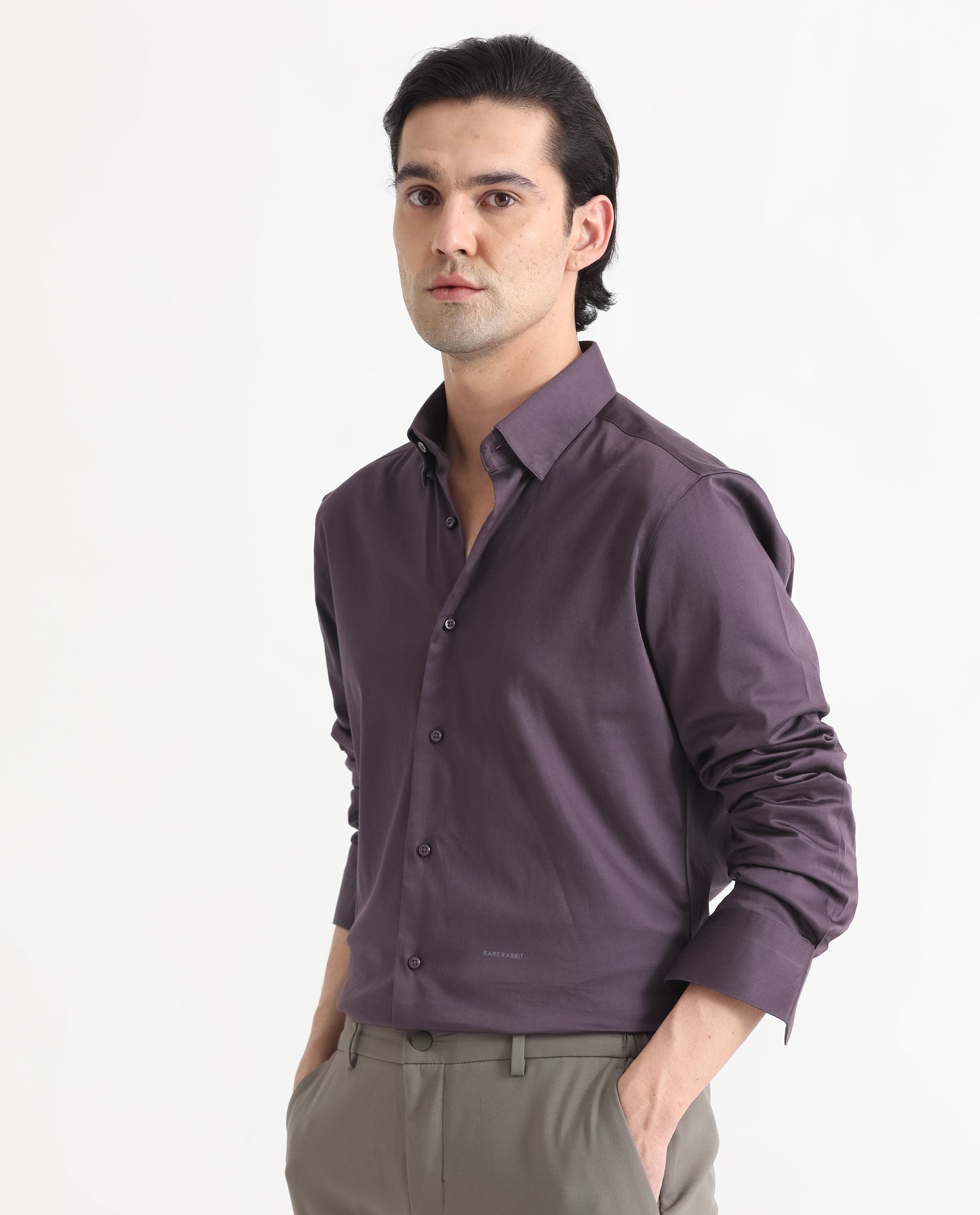 Rare Rabbit Men's Comor Dark Purple Satin Fabric Full Sleeves Solid Shirt
