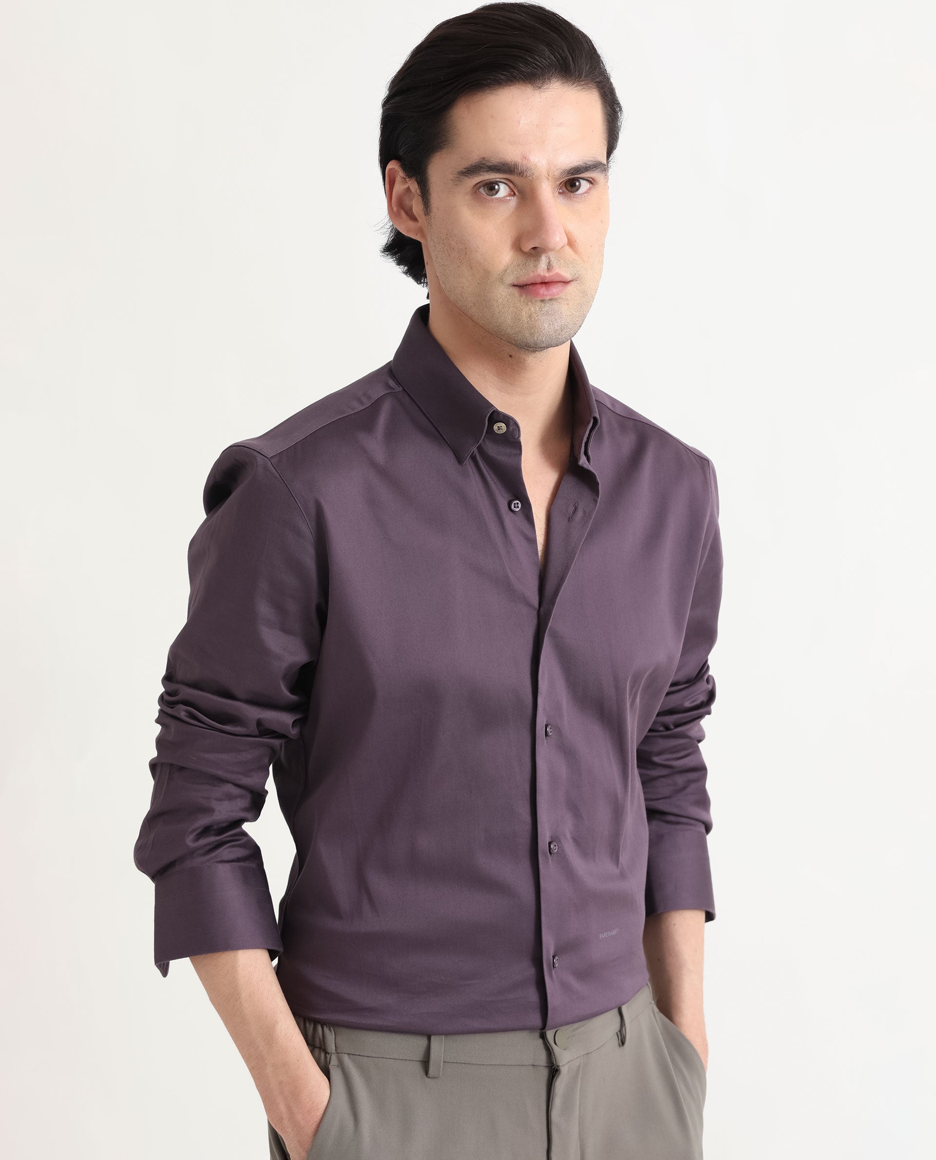 Rare Rabbit Men's Comor Dark Purple Satin Fabric Full Sleeves Solid Shirt