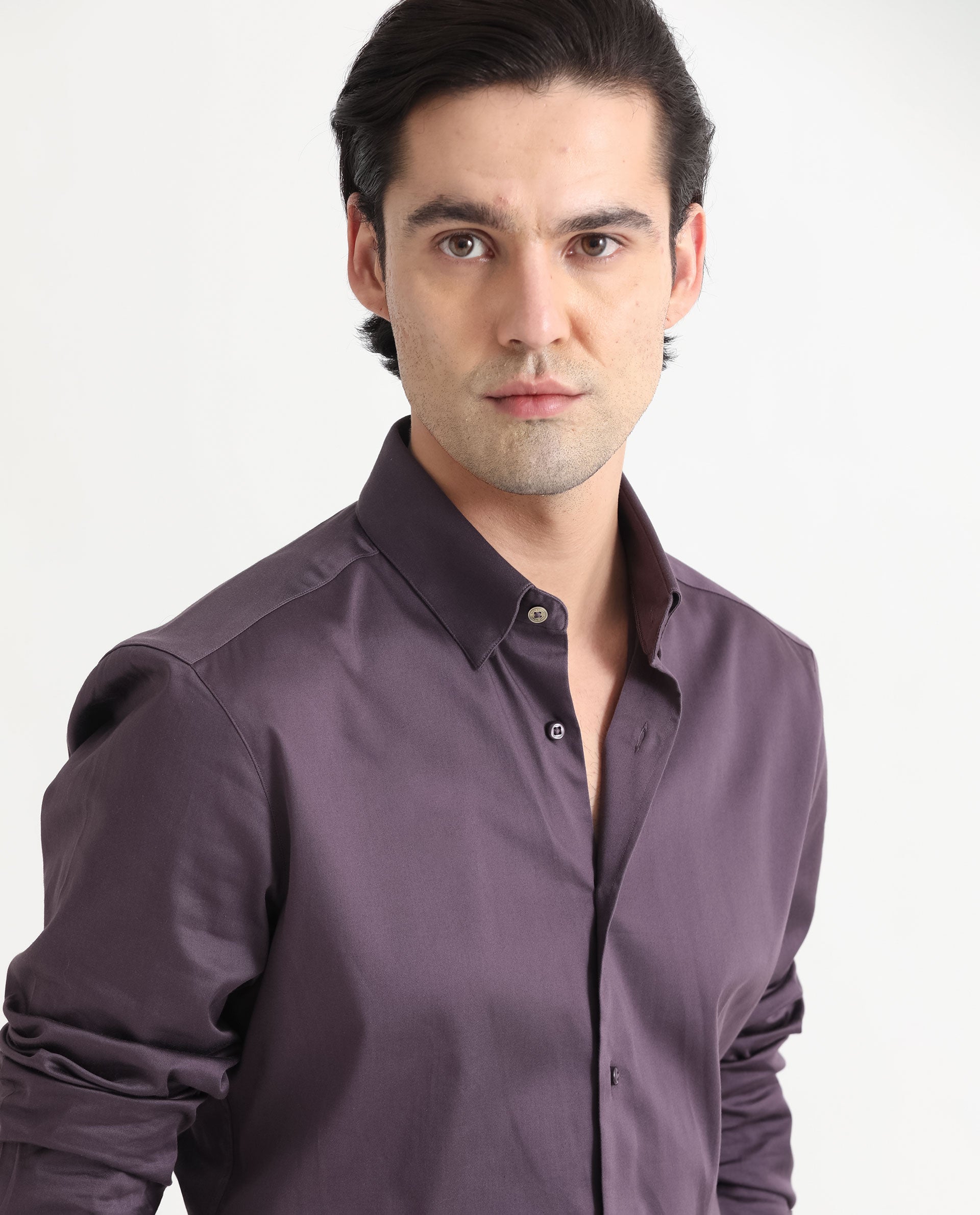 Rare Rabbit Men's Comor Dark Purple Satin Fabric Full Sleeves Solid Shirt
