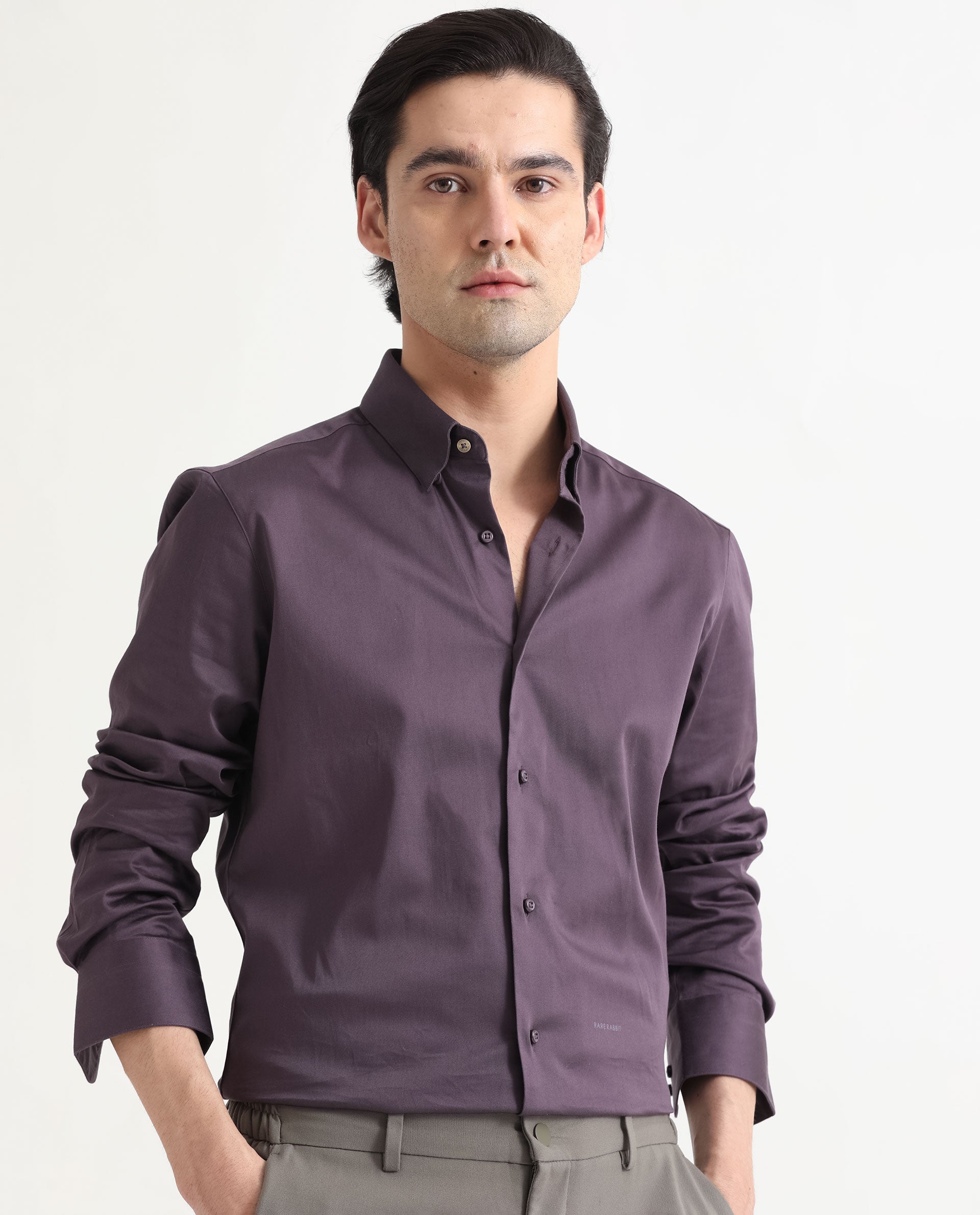 Rare Rabbit Men's Comor Dark Purple Satin Fabric Full Sleeves Solid Shirt