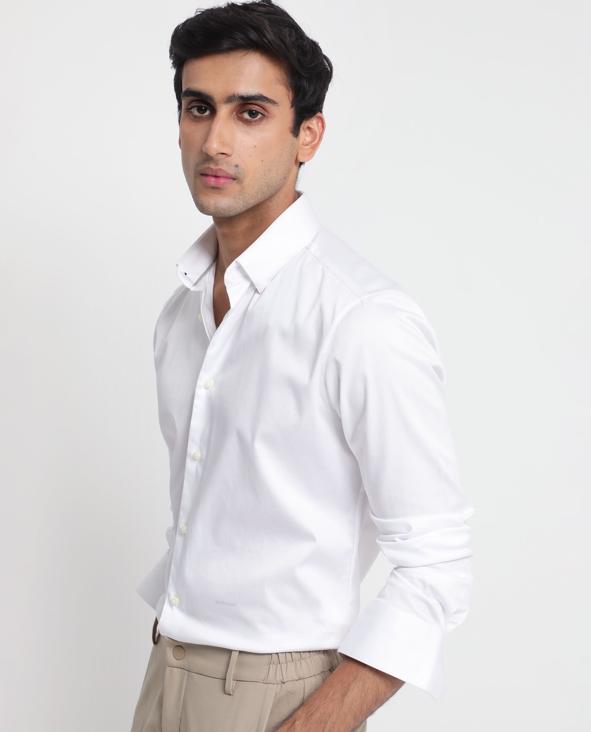 Rare Rabbit Men's Comor White Satin Fabric Full Sleeves Solid Shirt