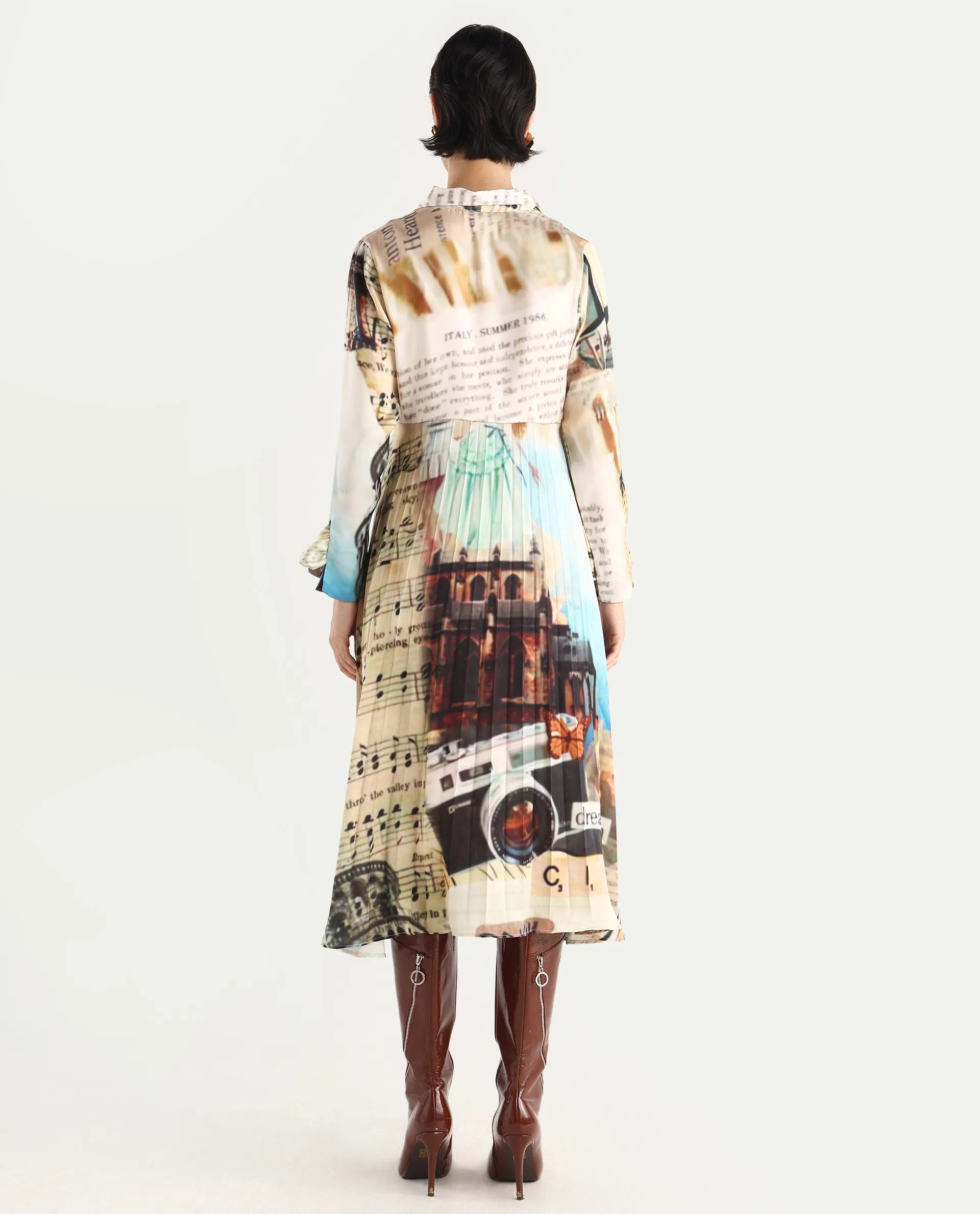 Rareism Women's Comros Multi Satin Drop Collar Abstract Print Cuffed Sleeve Maxi Flared Dress