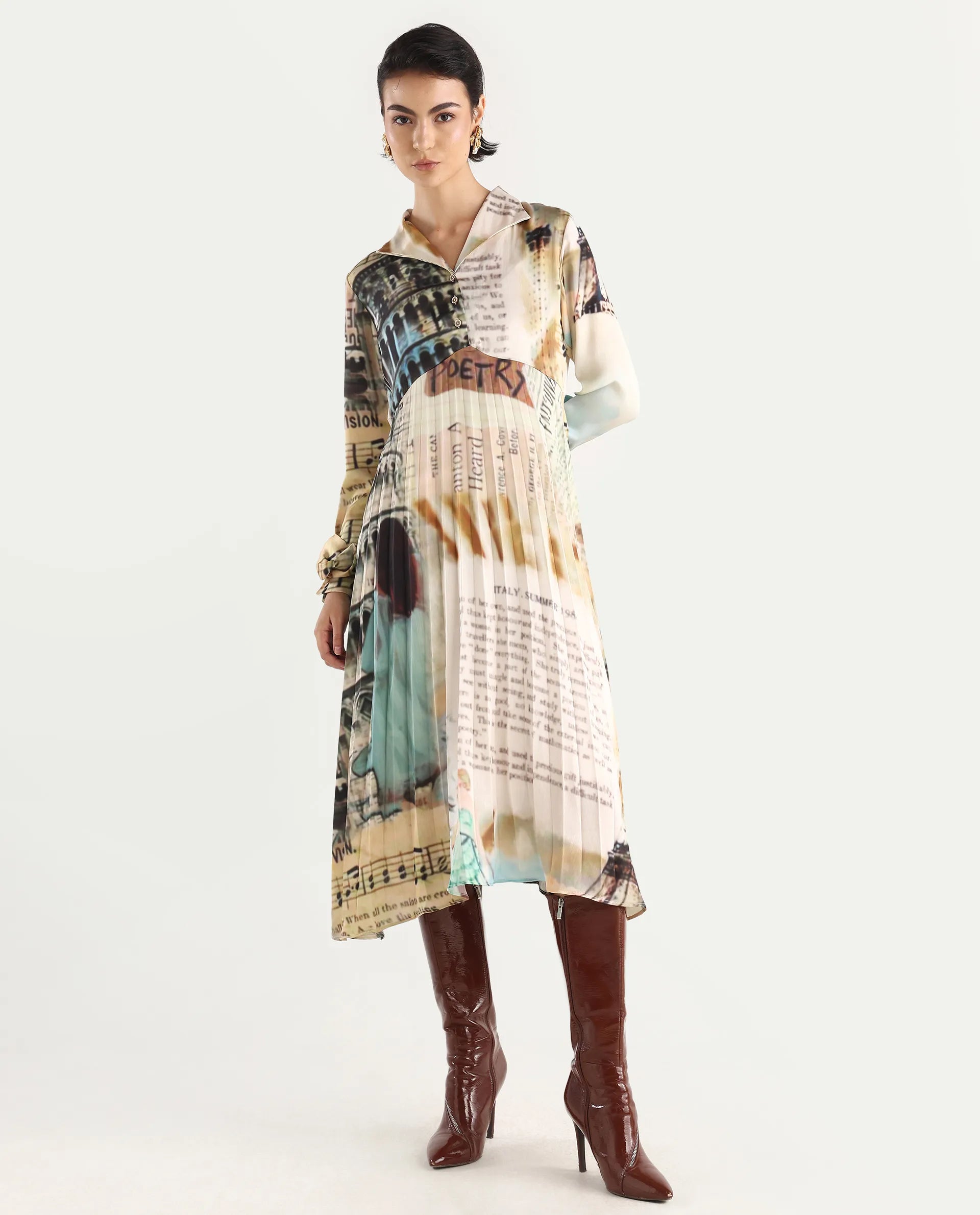 Rareism Women's Comros Multi Satin Drop Collar Abstract Print Cuffed Sleeve Maxi Flared Dress