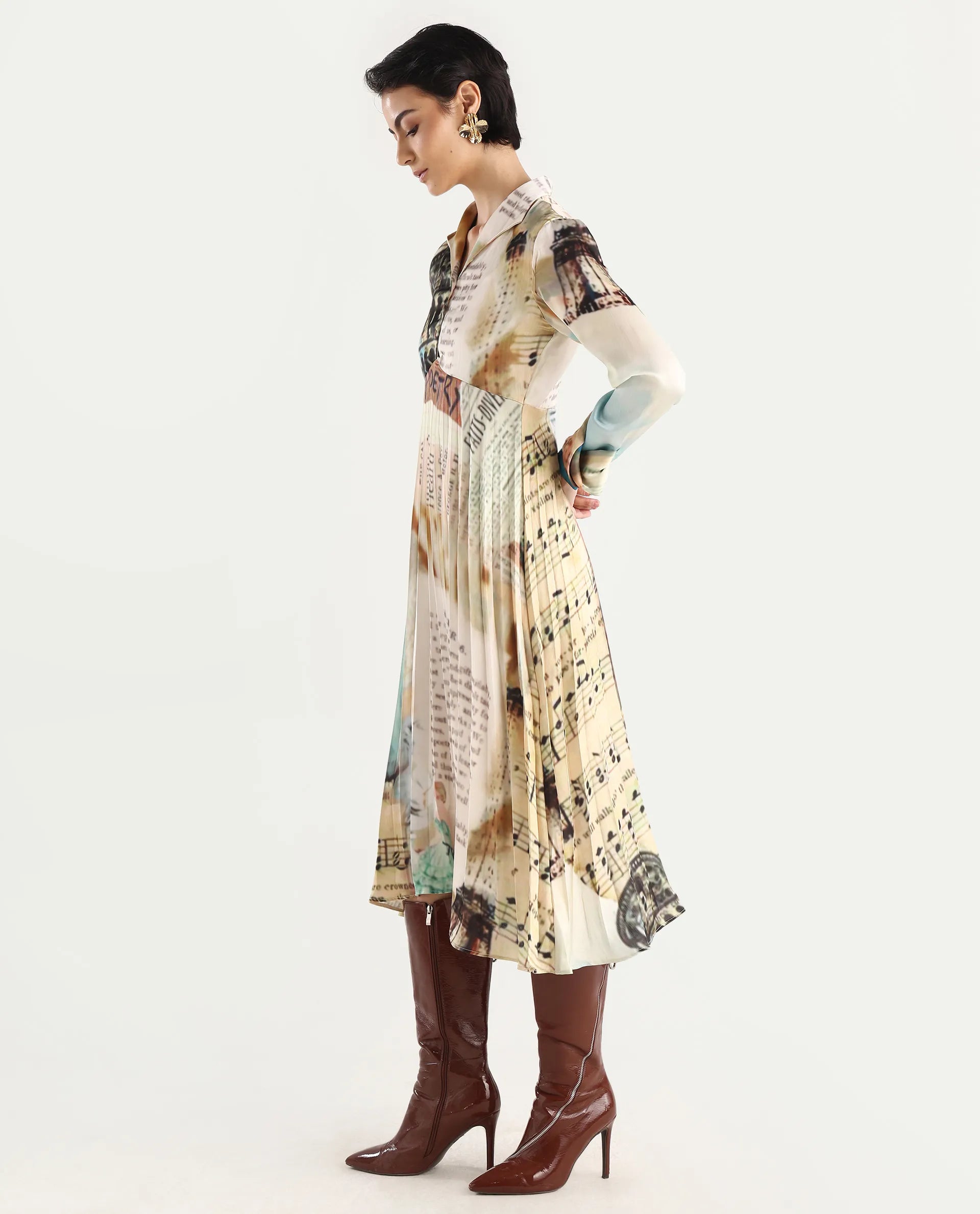 Rareism Women's Comros Multi Satin Drop Collar Abstract Print Cuffed Sleeve Maxi Flared Dress